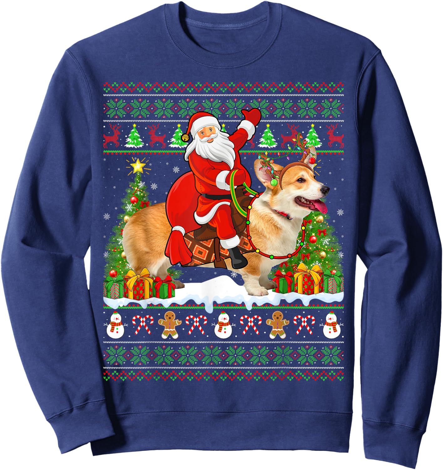 Corgi Dog Lover Funny Ugly Santa Riding Corgi Christmas Sweatshirt - Sweatshirt | Navy