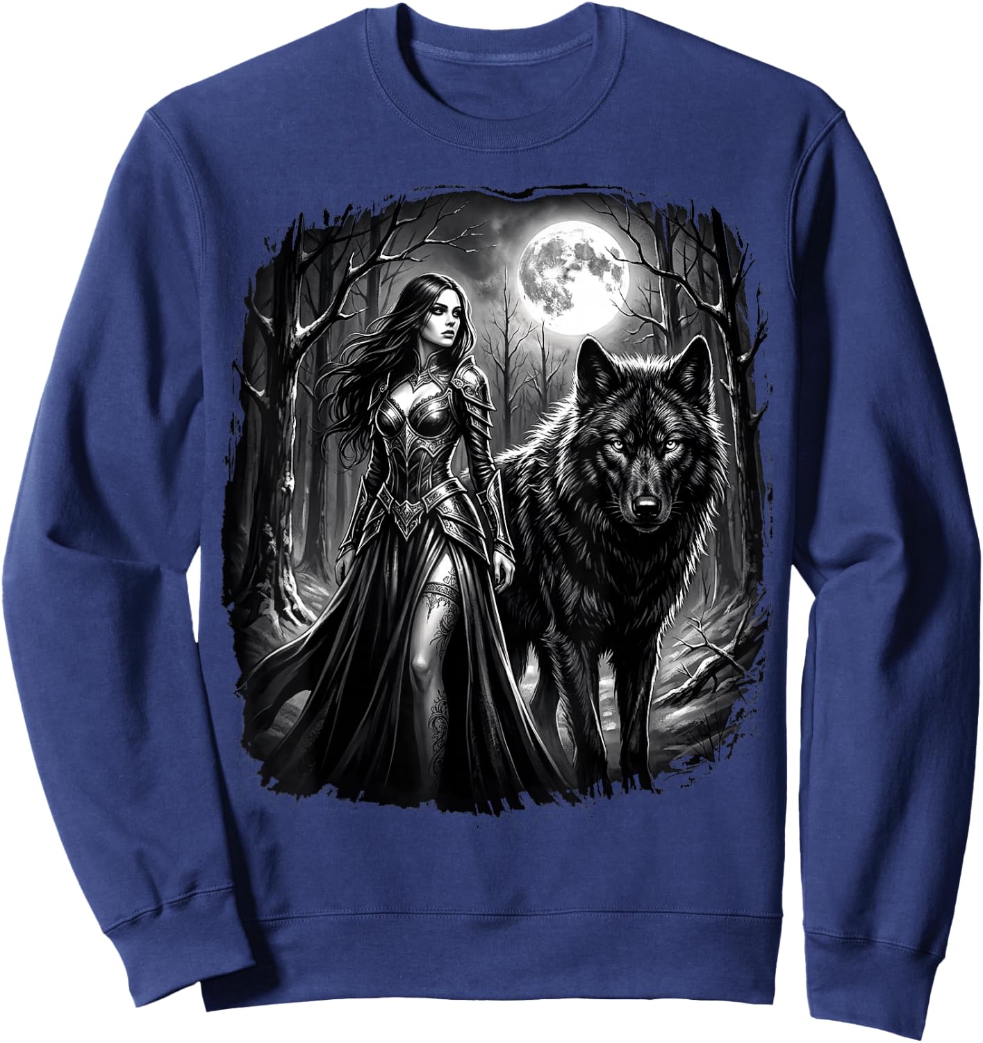 Fantasy Kriegerin Wolf Vollmond Gothic Motiv Sweatshirt - Sweatshirt | Navy