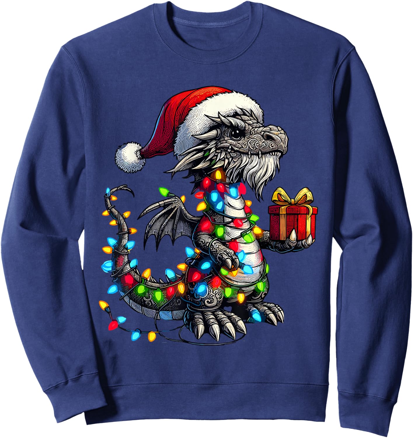 Dragon Wearing Santa Claus Hat Holding A Present Box Xmas Sweatshirt - Sweatshirt | Navy