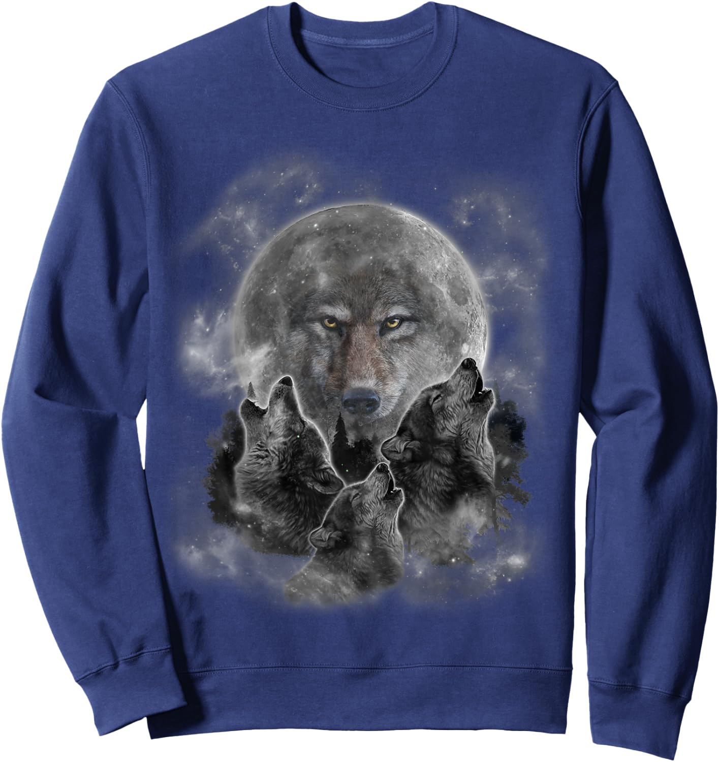 Three Wolves Howling, Full Moon w Wolf Silhouette Sweatshirt - Sweatshirt | Navy