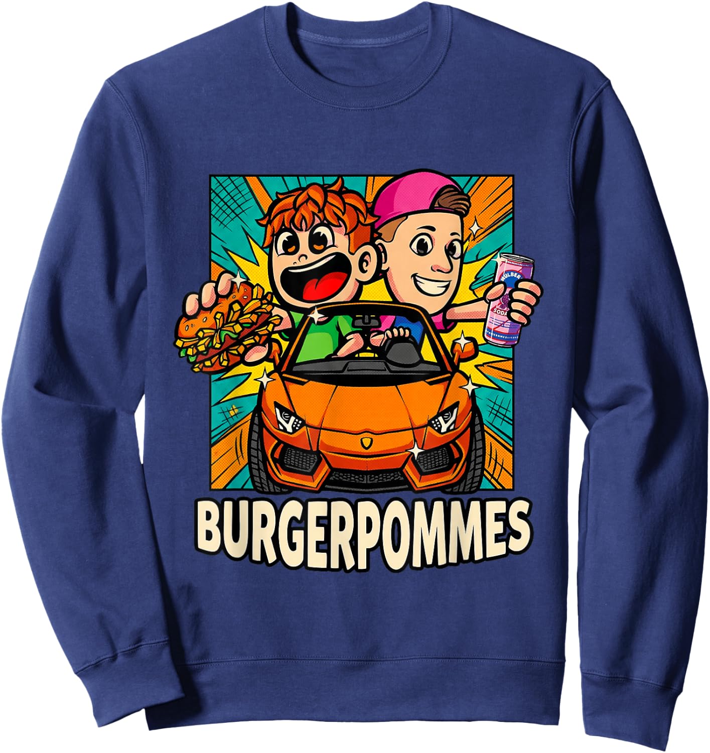 Burger.Pommes Pop Art Comic Style Sportwagen Snack Sweatshirt - Sweatshirt | Navy