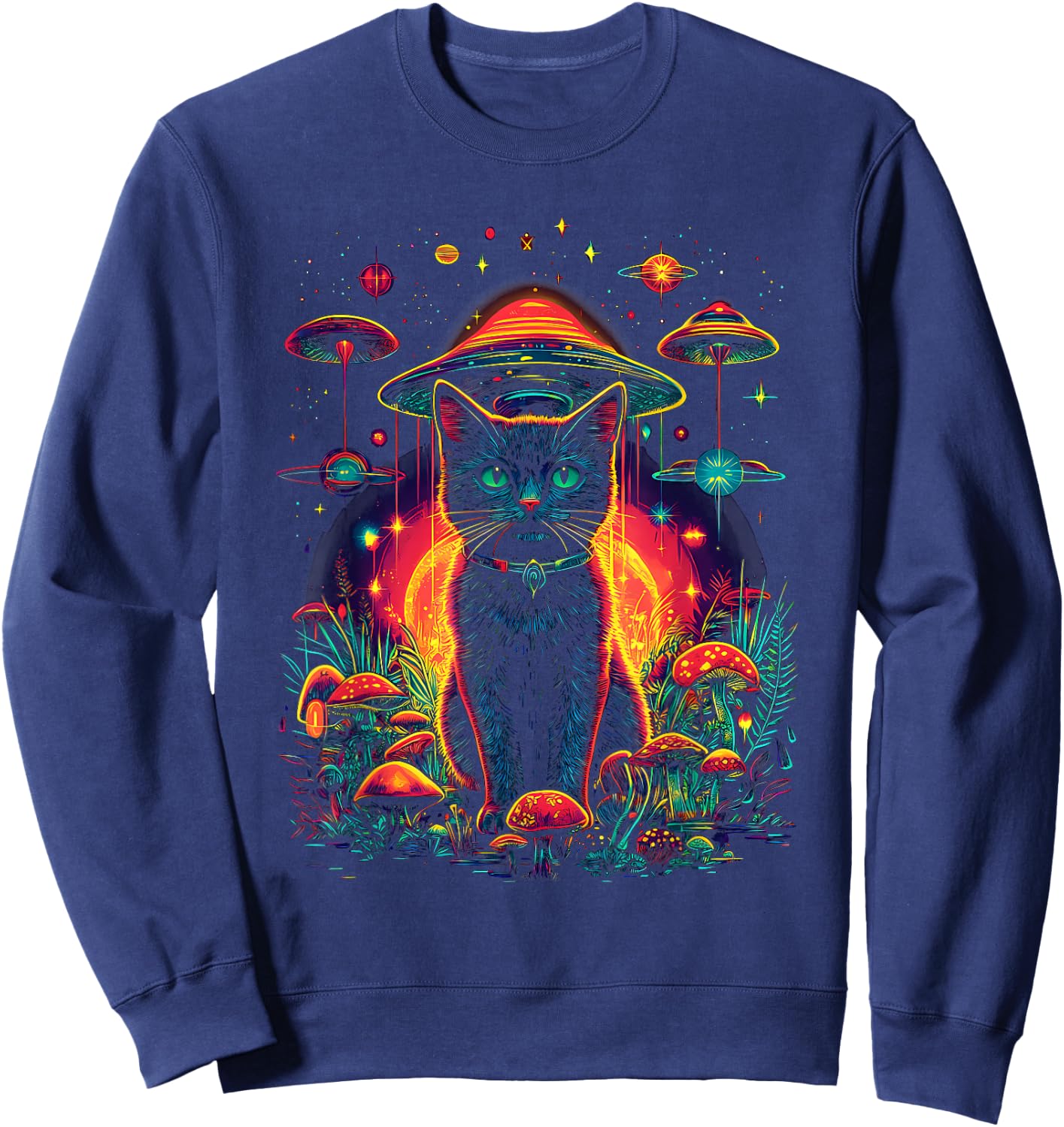 Psychedelische Katze im Weltraum Trippy Alien Galaxy Visual Sweatshirt - Sweatshirt | Navy