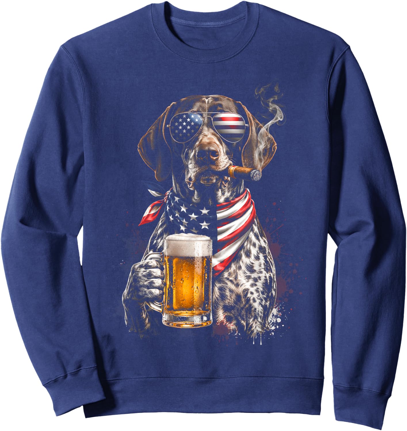 4th of July Patriotic Dog Beer Cigar Sunglasses Funny Sweatshirt - Sweatshirt | Navy