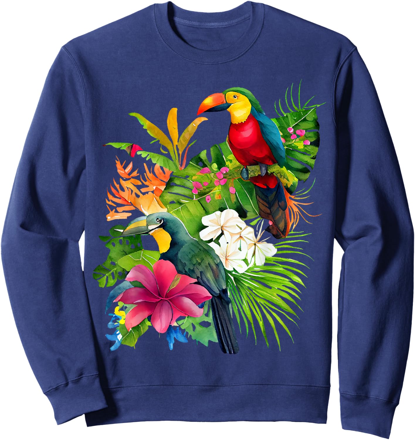 Tropical Bird Toucan Rainforest Jungle Greenery Flowers Sweatshirt - Sweatshirt | Navy