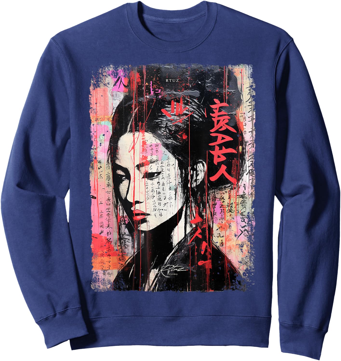 Hip Hop Y2K Vintage Hipster Edgy Urban Streetwear Geisha Sweatshirt - Sweatshirt | Navy