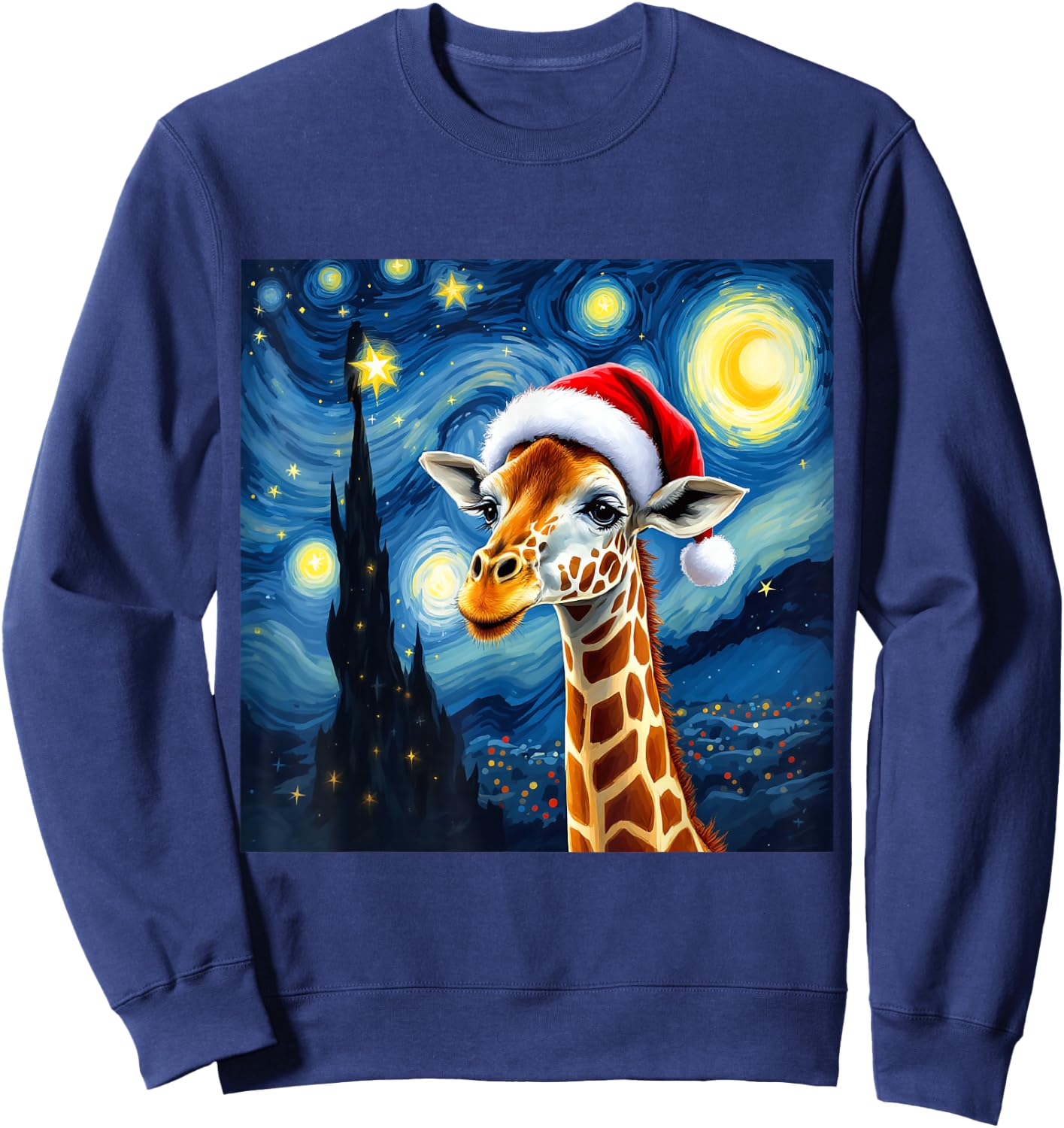 Christmas Giraffe Santa Hat Van Gogh Starry Night Holiday Sweatshirt - Sweatshirt | Navy