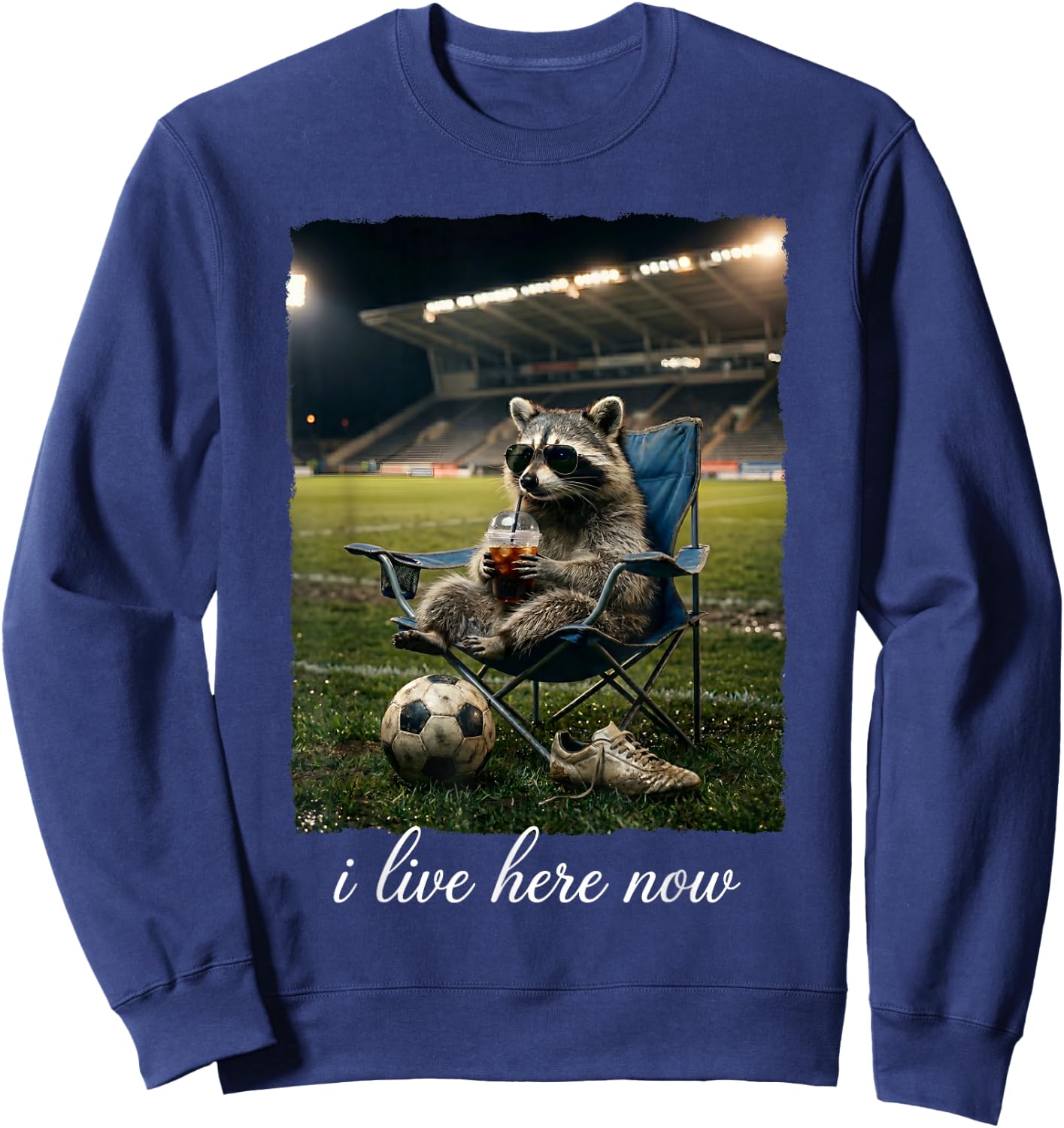 I Live Here Now Soccer Funny Raccoon Iced Coffee Sweatshirt - Sweatshirt | Navy