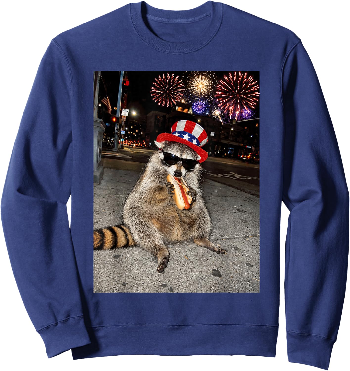 Funny Raccoon Eating Hot Dog 4th of July Men Women Kids Sweatshirt - Sweatshirt | Navy