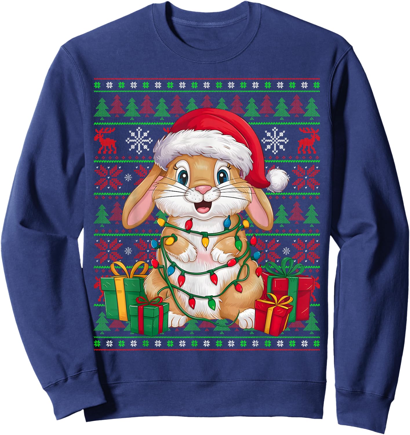 Rabbit Bunny Xmas Lights Ugly Santa Hat Bunny Christmas Sweatshirt - Sweatshirt | Navy