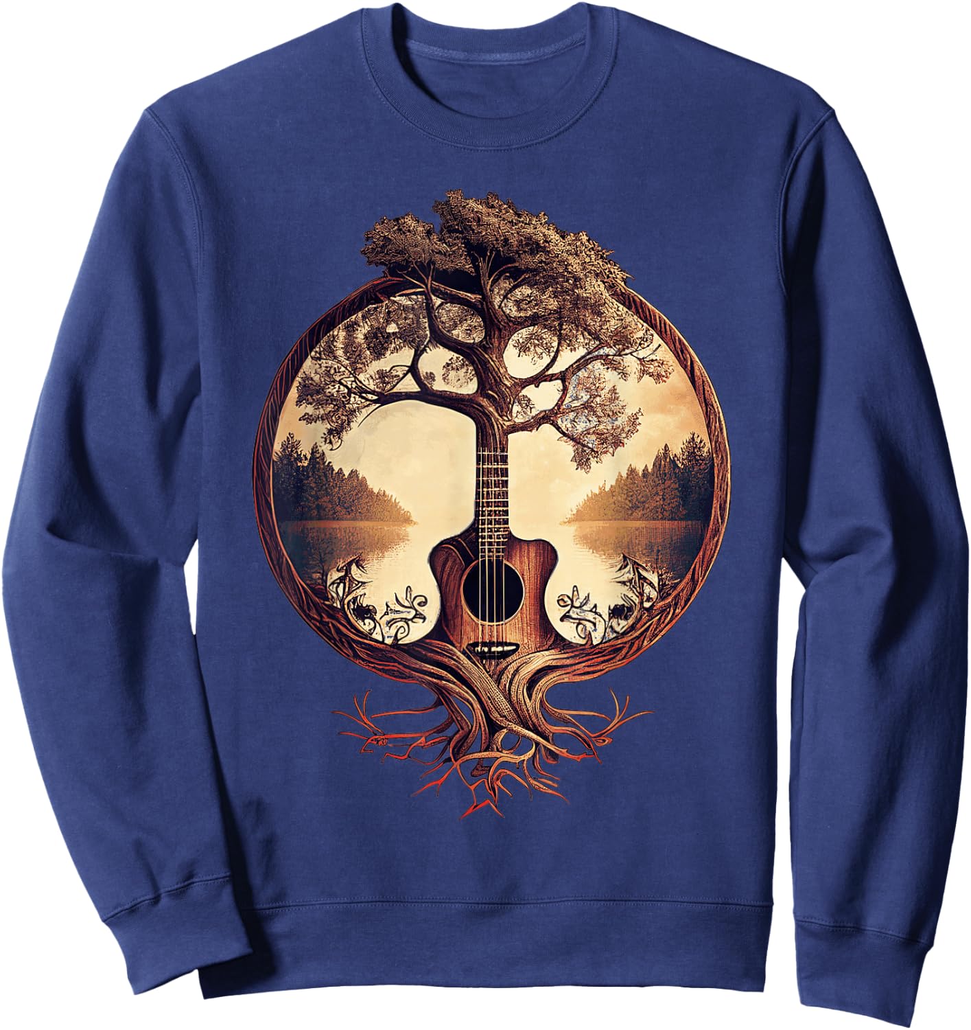 Acoustic Guitar Tree at the Edge of the Lake for Guitarist , Black, S Sweatshirt - Sweatshirt | Navy