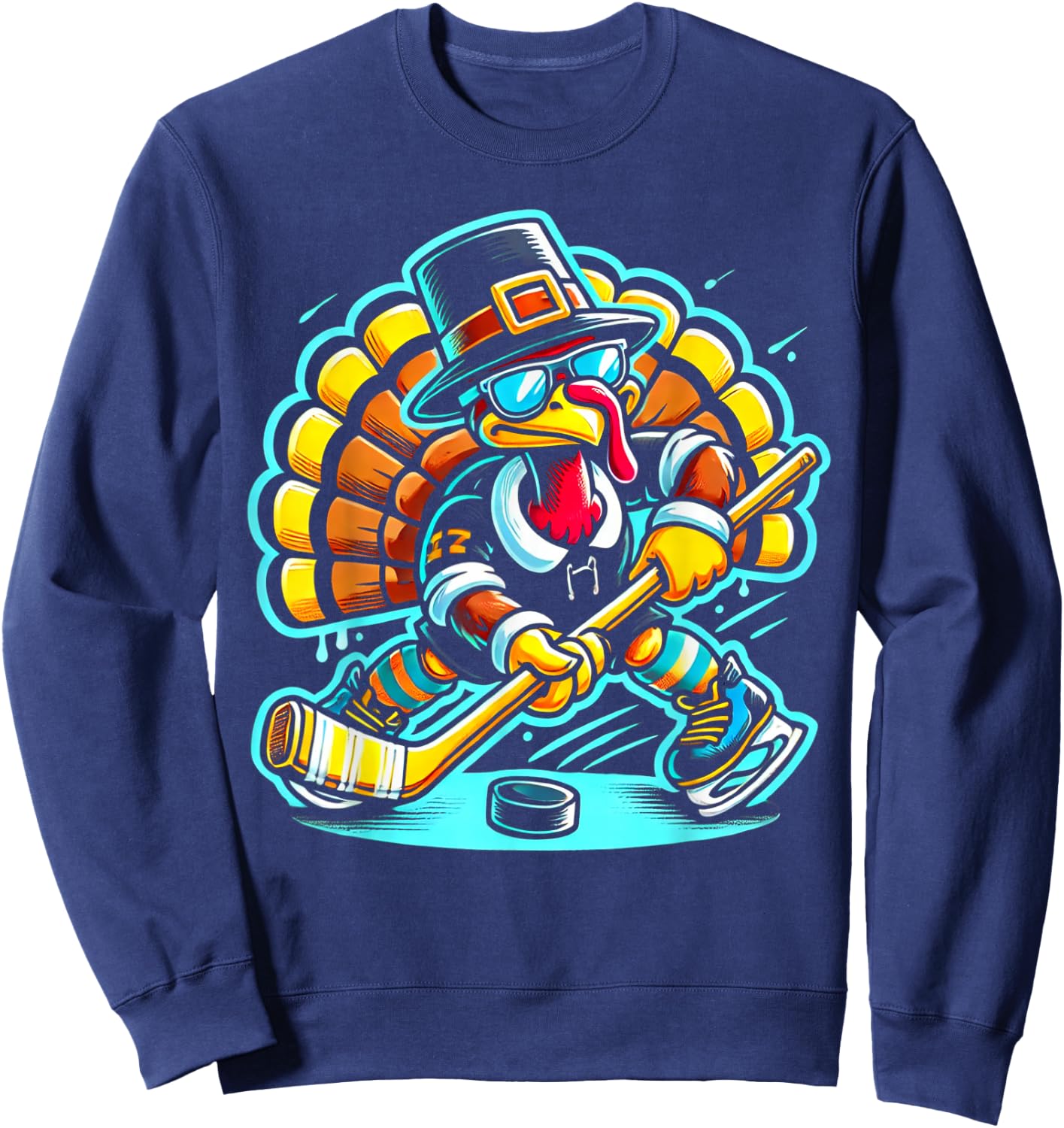 Thanksgiving Ice Hockey Turkey Day Fall Sweatshirt - Sweatshirt | Navy
