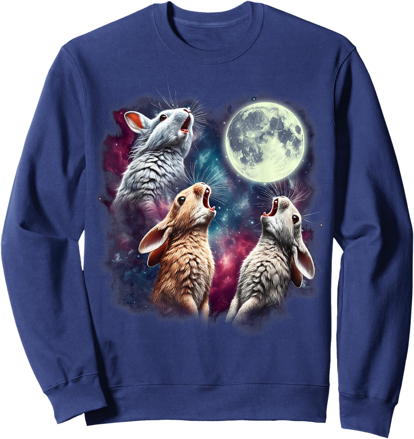 Three Rabbits Howling at Moon Funny Bunny Weird Cursed Meme Sweatshirt - Sweatshirt | Navy