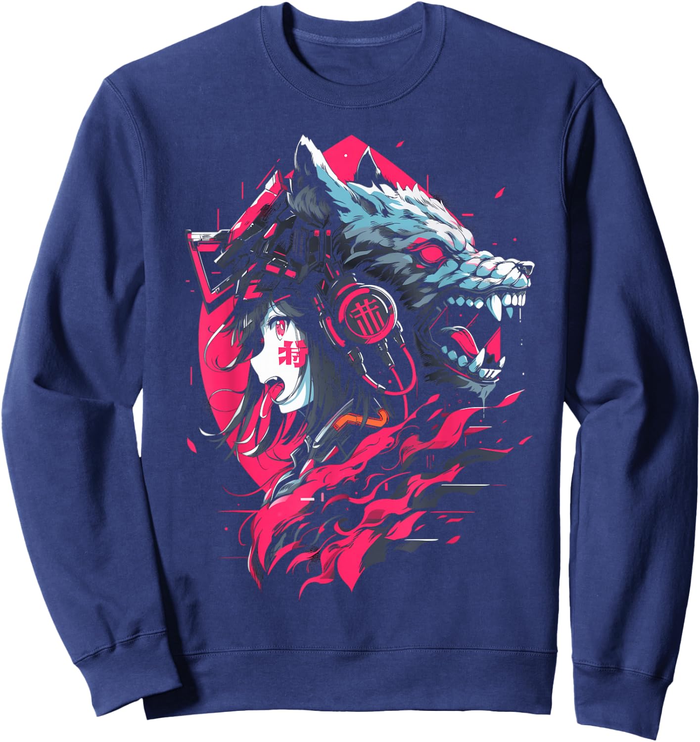 Anime Manga Cyberpunk Aesthetic Techwear Harajuku Wolf , black Sweatshirt - Sweatshirt | Navy