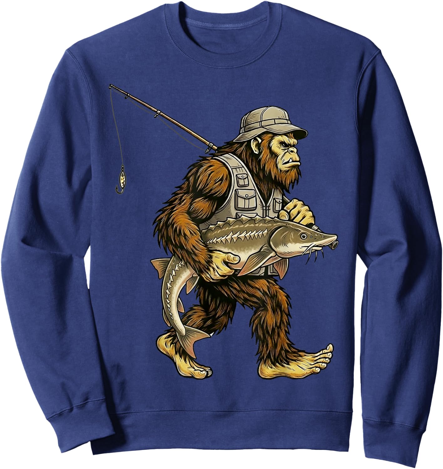 Sturgeon Bigfoot Fisherman River Fishing Sasquatch Sweatshirt - Sweatshirt | Navy