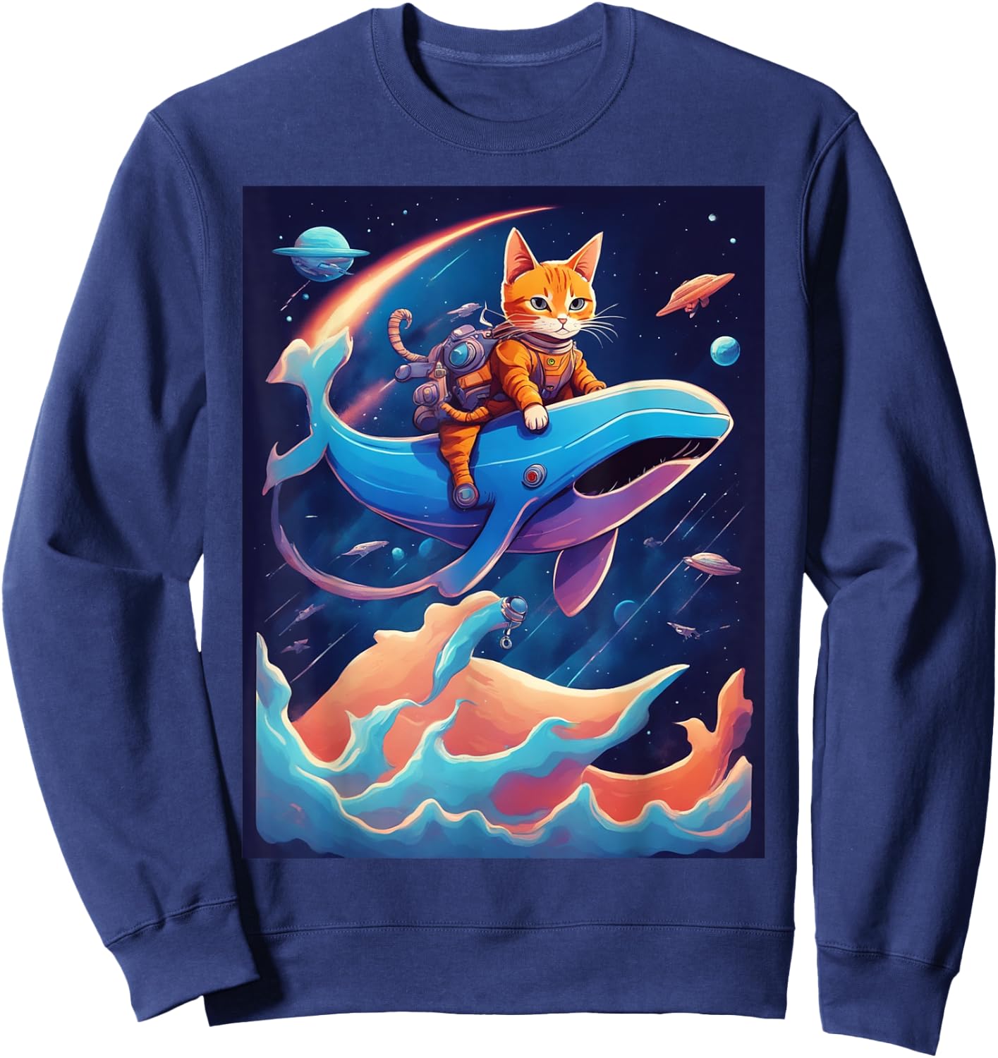 Cat Riding a Whale Fantasy Scene Sweatshirt - Sweatshirt | Navy