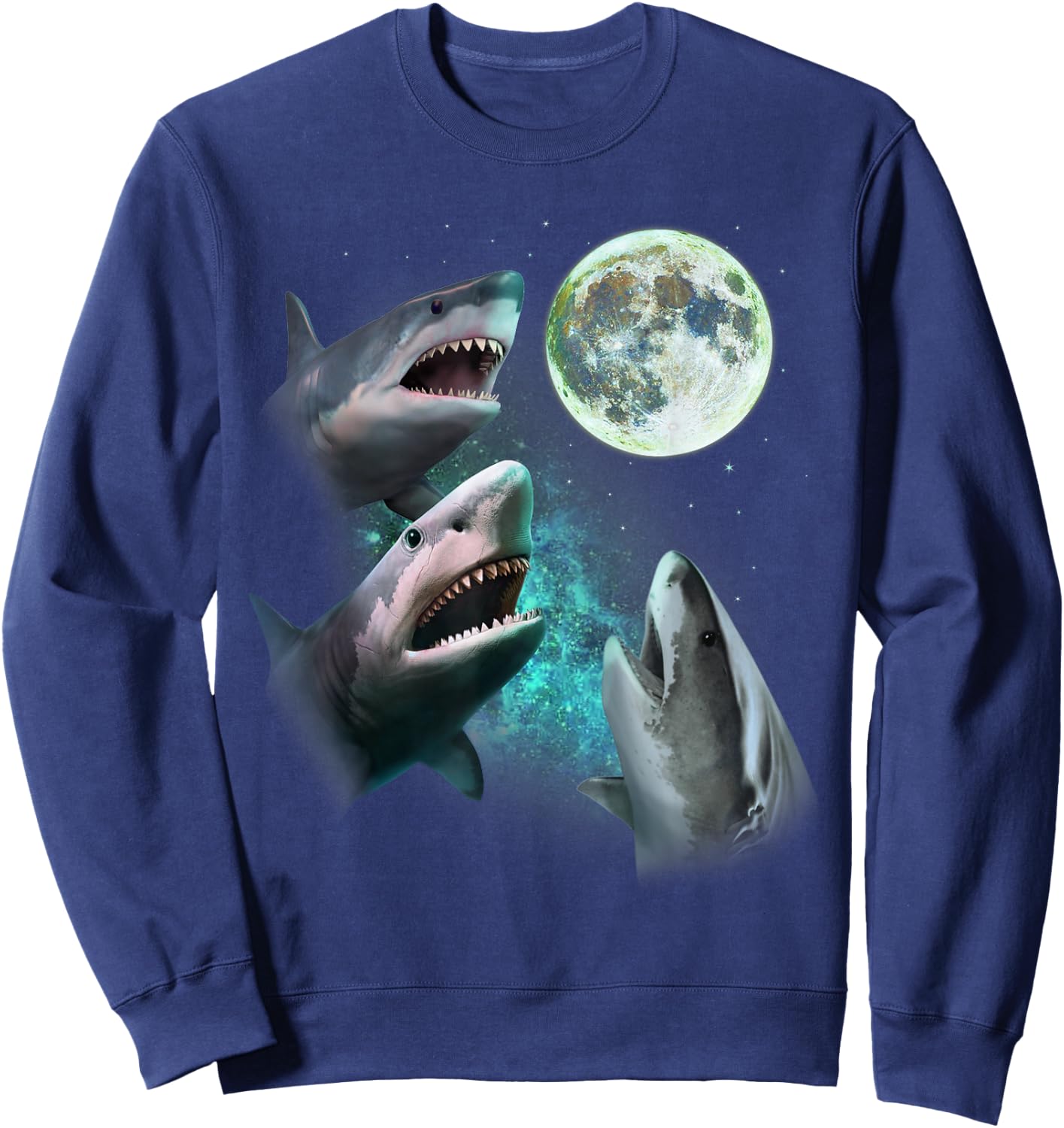 Three Great White Sharks Howl at Moon 3 Wolfs Funny Parody Sweatshirt - Sweatshirt | Navy