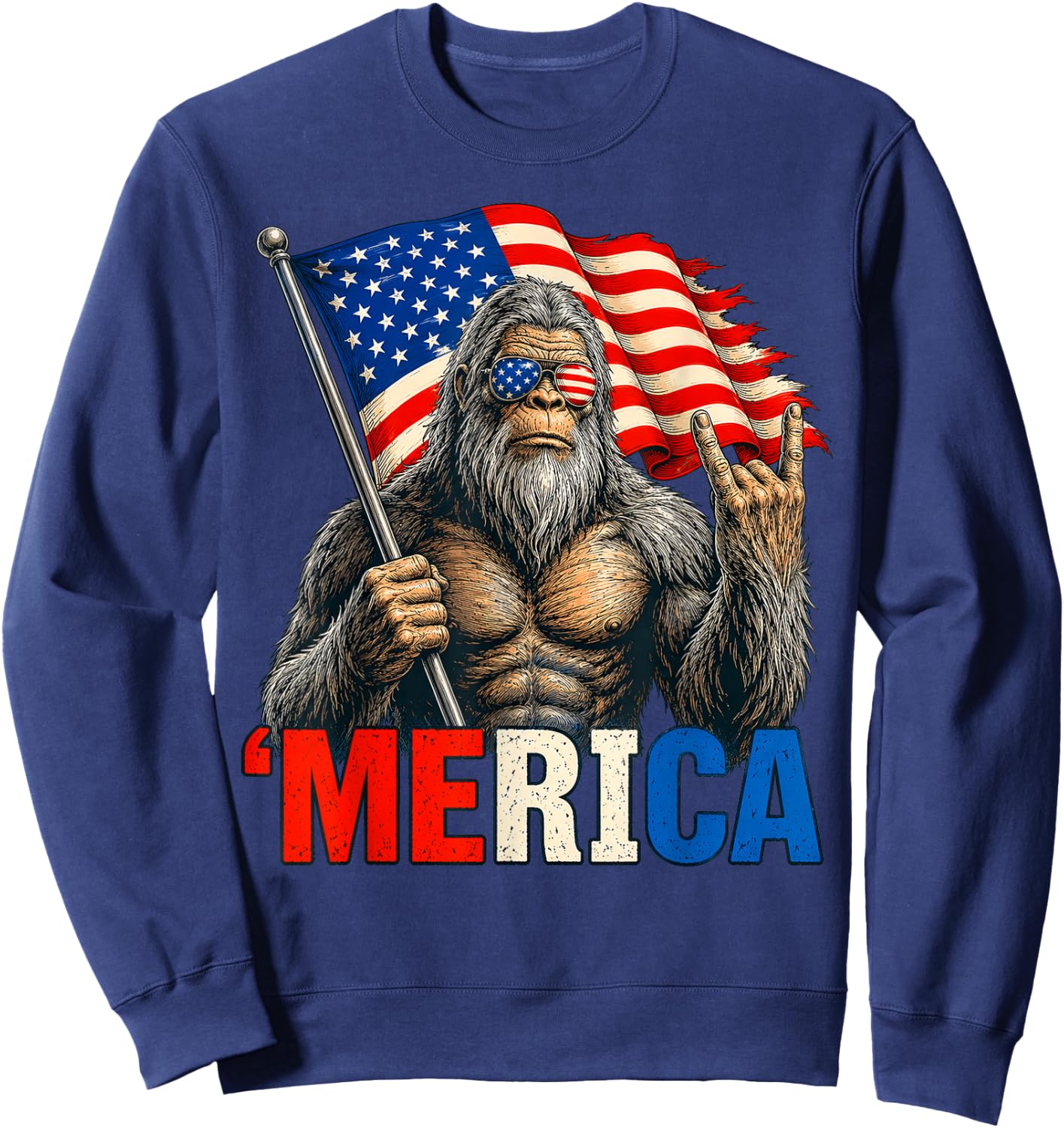 Bigfoot Merica Rock American Flag Patriotic 4th of July Sweatshirt - Sweatshirt | Navy