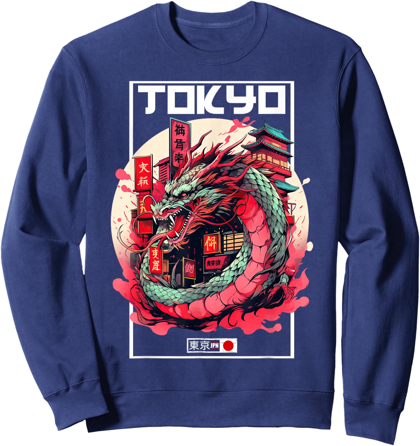 Tokyo Asian inspired vintage style 80s retro Japanese Dragon Sweatshirt - Sweatshirt | Navy