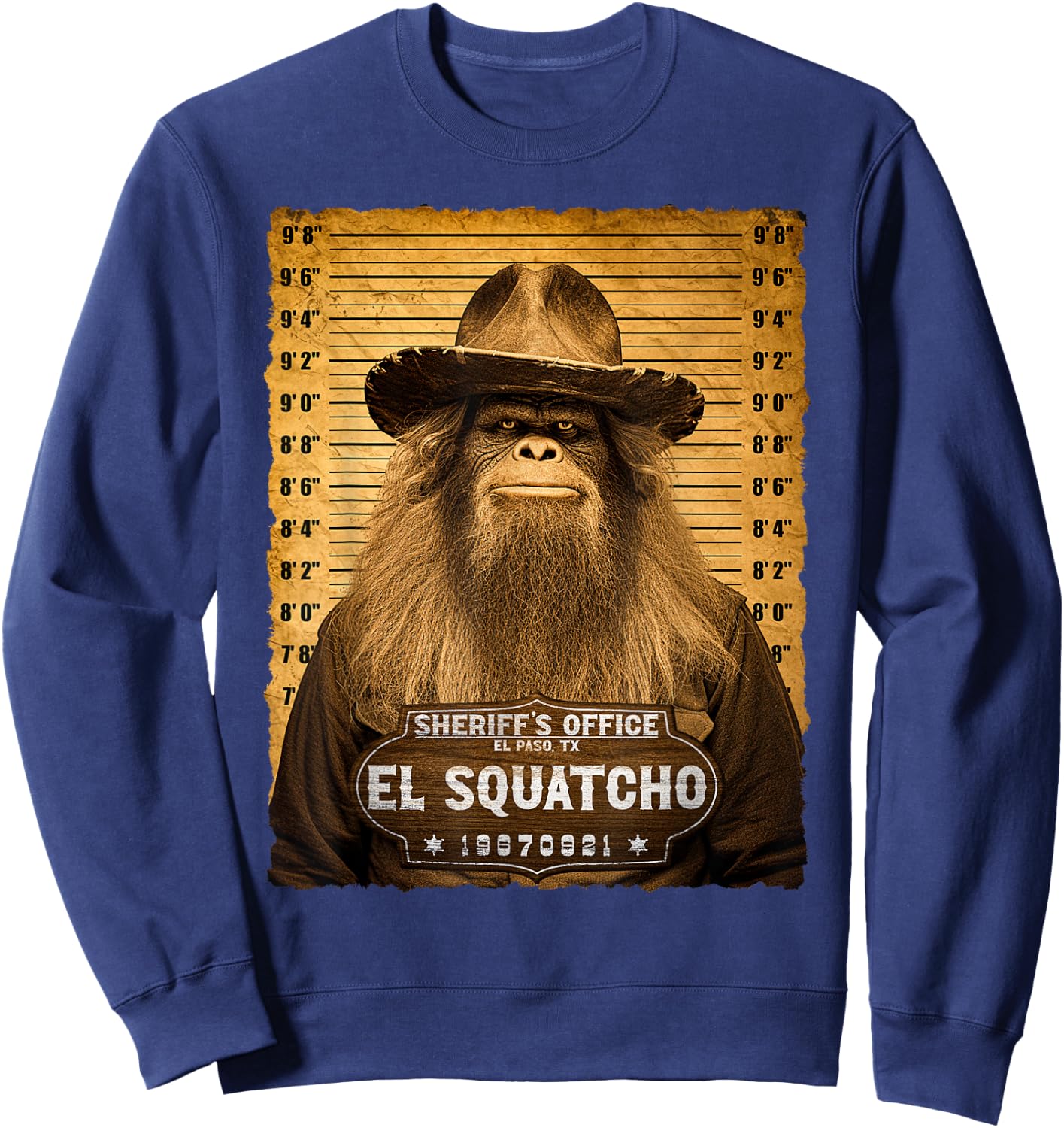 Funny Wanted El Squatcho - Sasquatch Bigfoot Lover Mugshot Sweatshirt - Sweatshirt | Navy