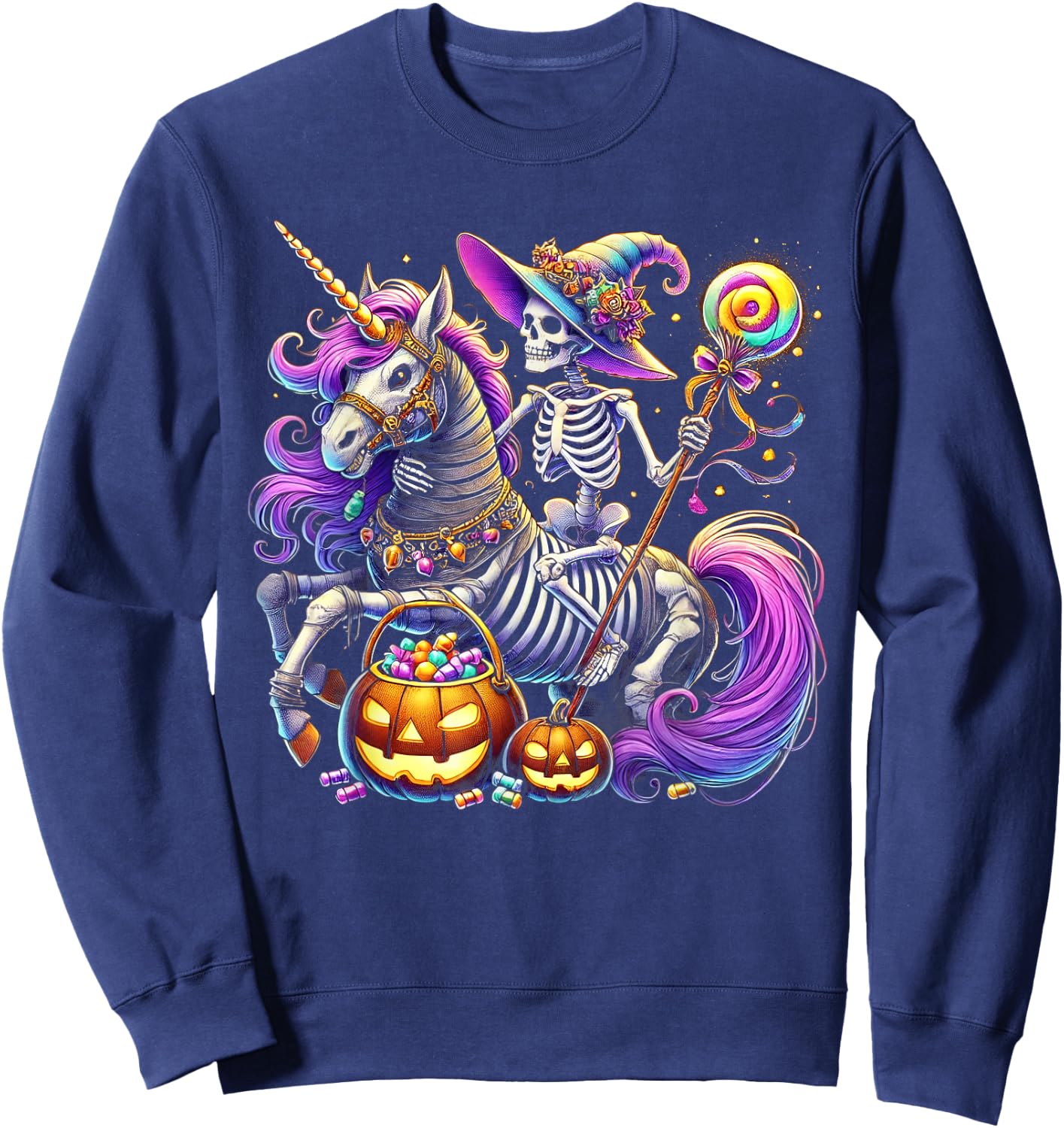 Skeleton Riding Skeleton Unicorn Halloween Costume Sweatshirt - Sweatshirt | Navy