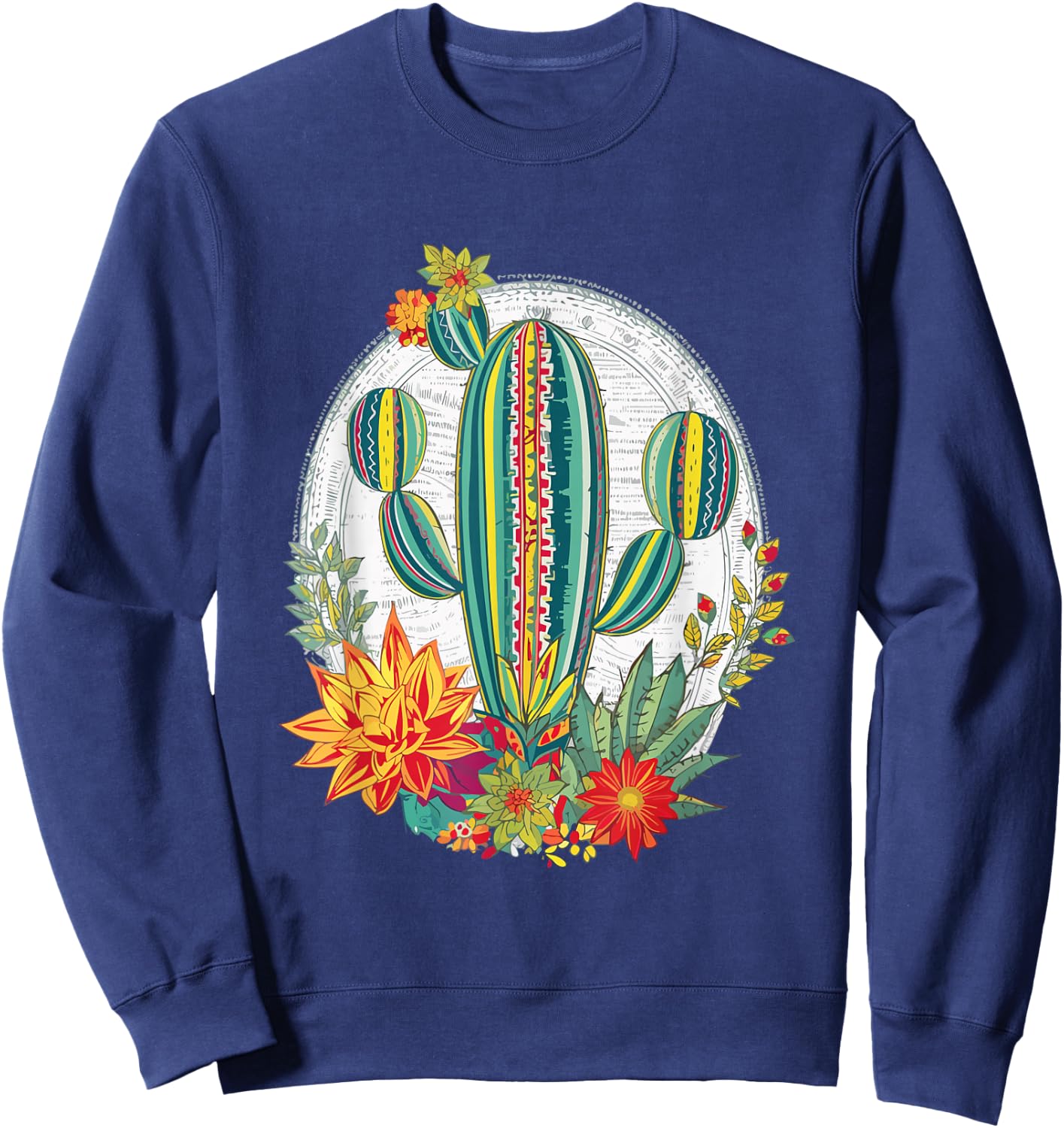 Serape Cactus Print Turquoise Western Saguaro Cactus Sweatshirt - Sweatshirt | Navy