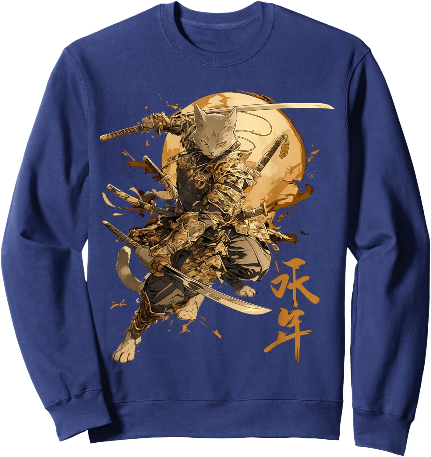 Japanese Art Cat Ninja Ukiyo-e Anime Style Samurai Cat , Black, S Sweatshirt - Sweatshirt | Navy