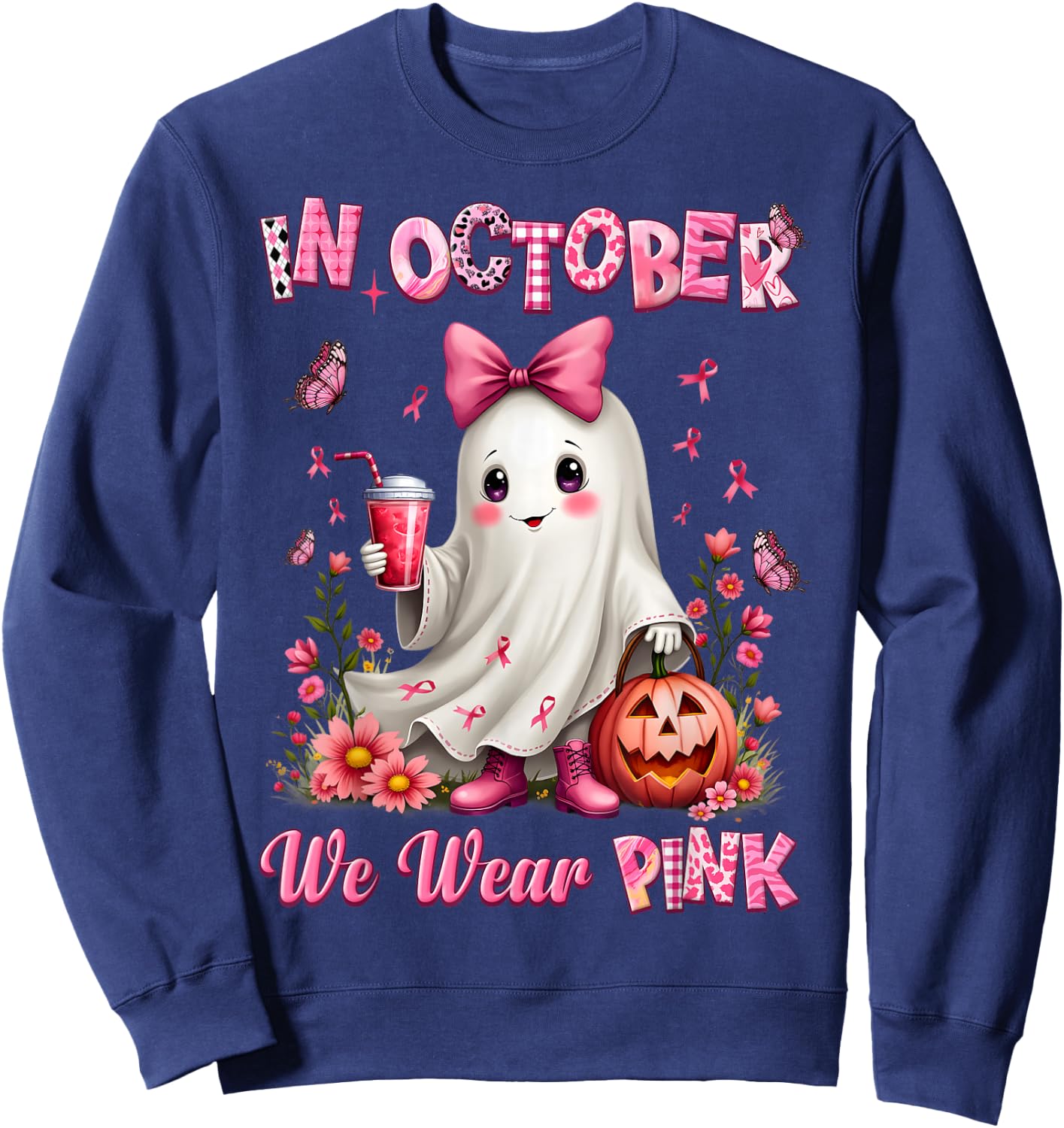 In October We Wear Pink Ghost Breast Cancer Awareness Sweatshirt - Sweatshirt | Navy