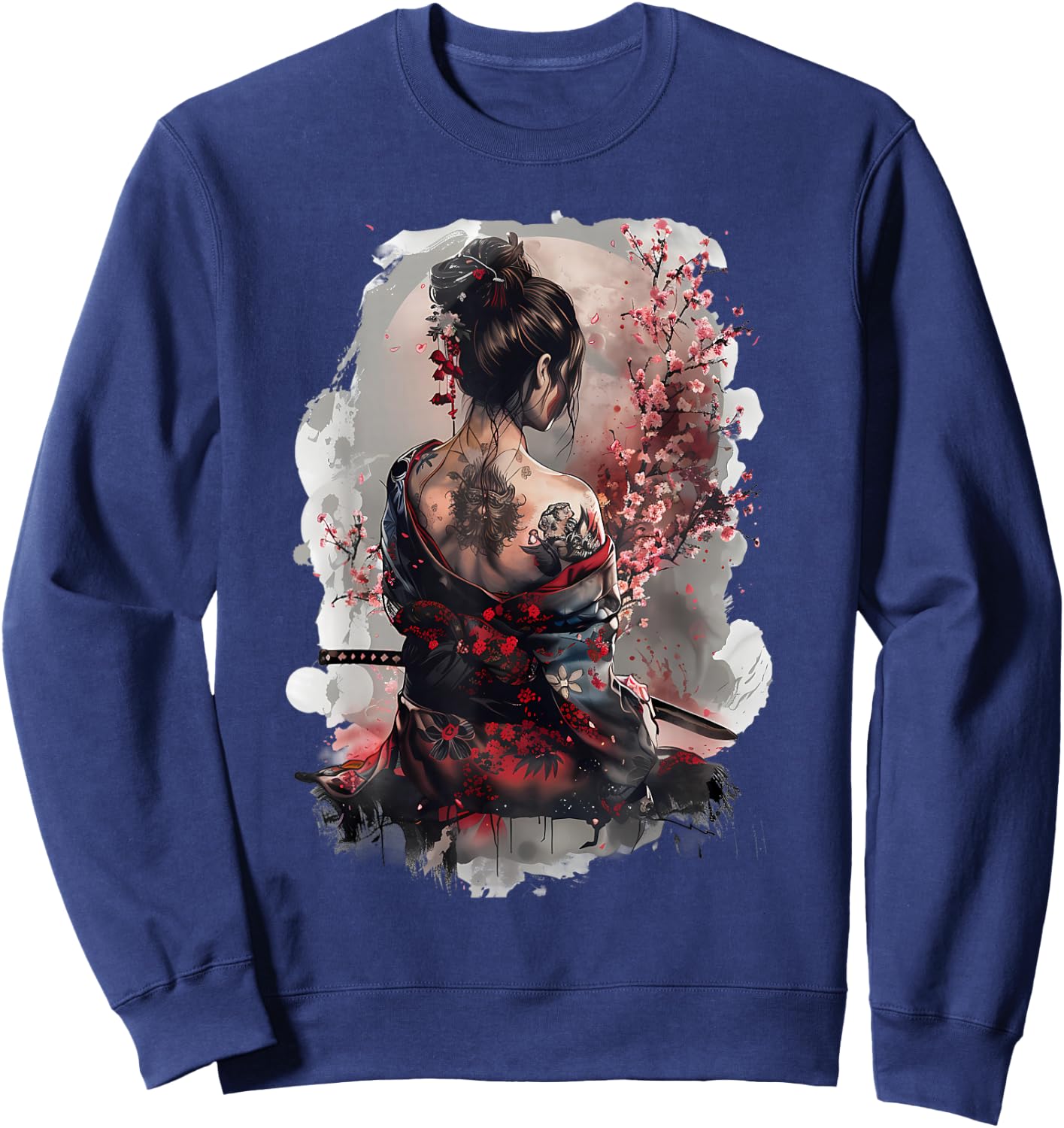 Japanese Samurai Girl Sakura Cherry Blossom Japanese Geisha , black Sweatshirt - Sweatshirt | Navy