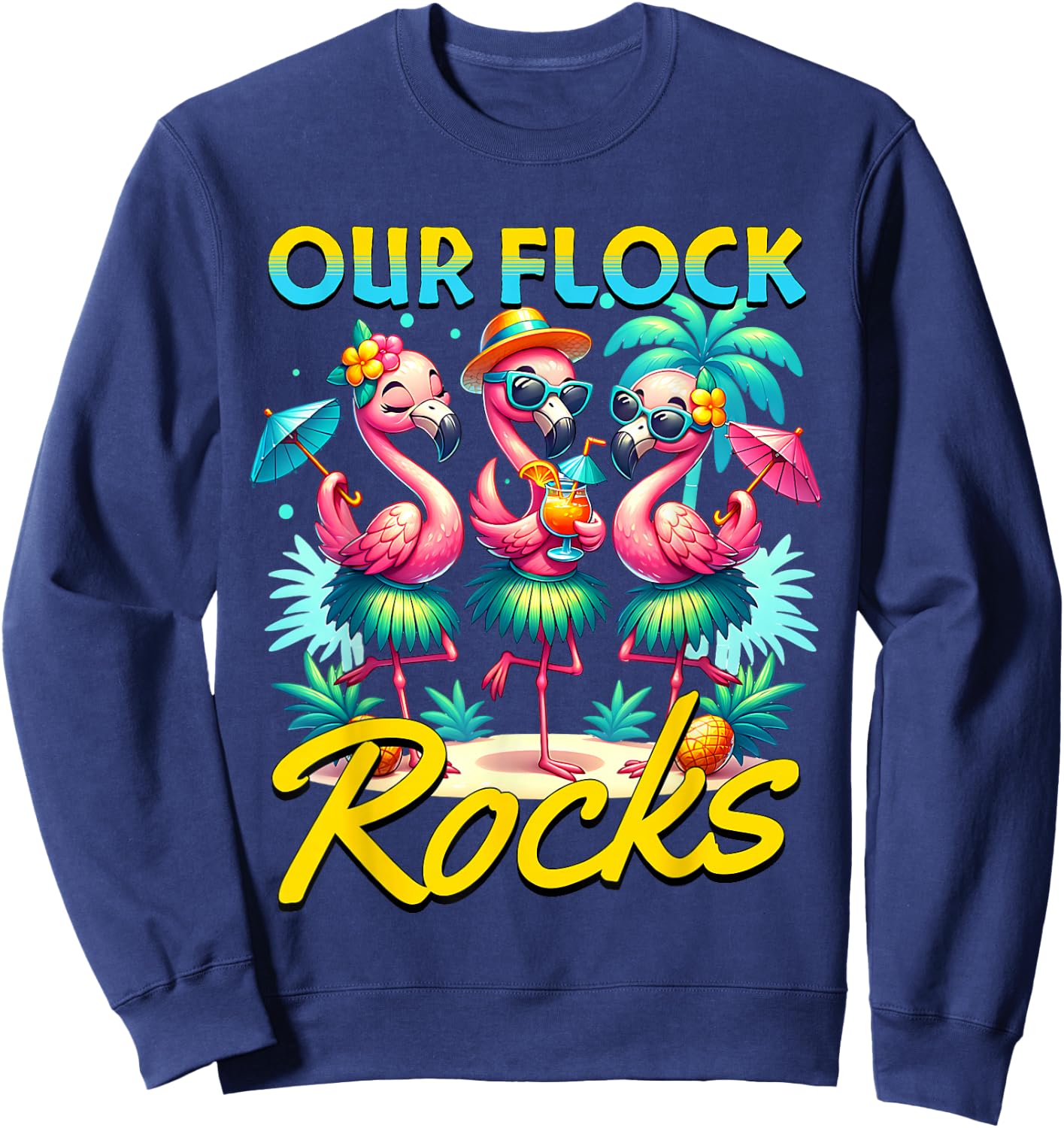 Our Flock Rocks Flamingo Summer Vacation Family Matching Sweatshirt - Sweatshirt | Navy