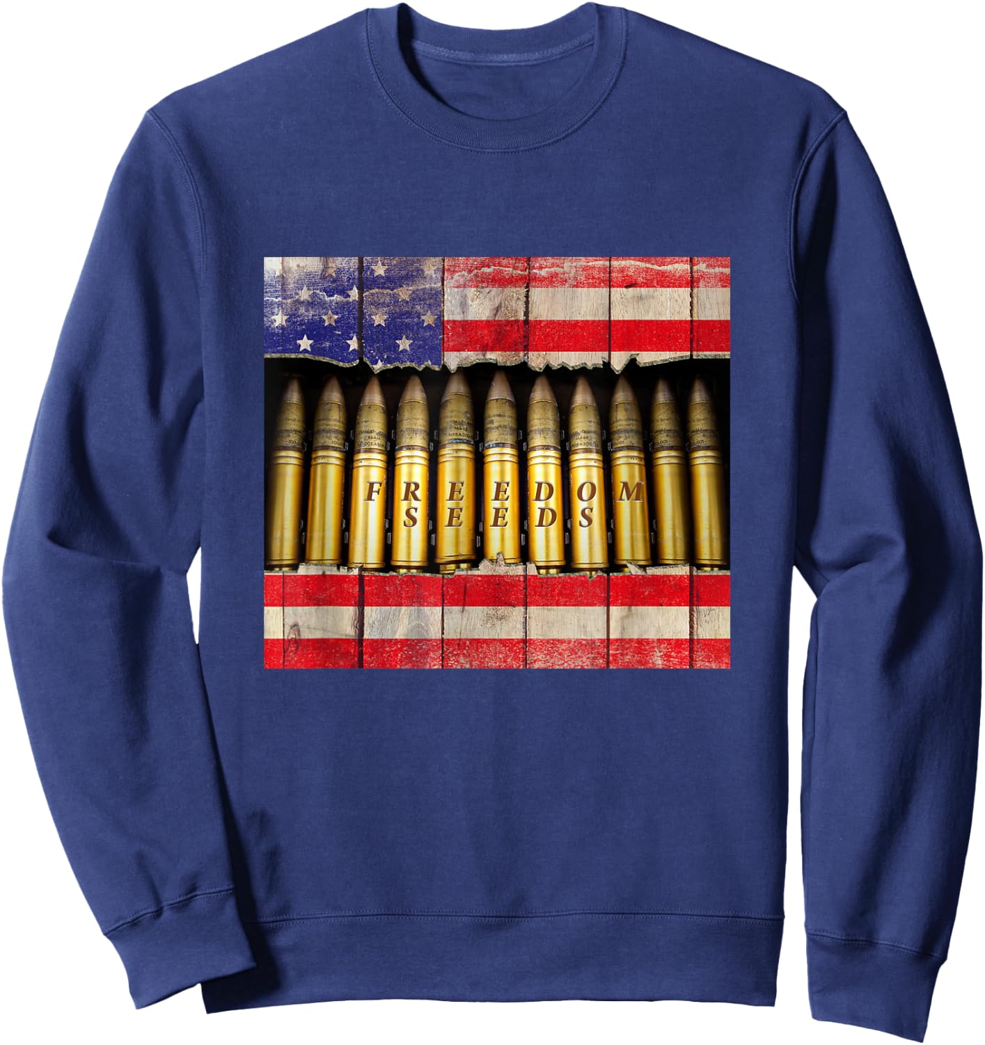 Patriotic Bullets Supply: Freedom Seeds American Flag Ammo Sweatshirt - Sweatshirt | Navy