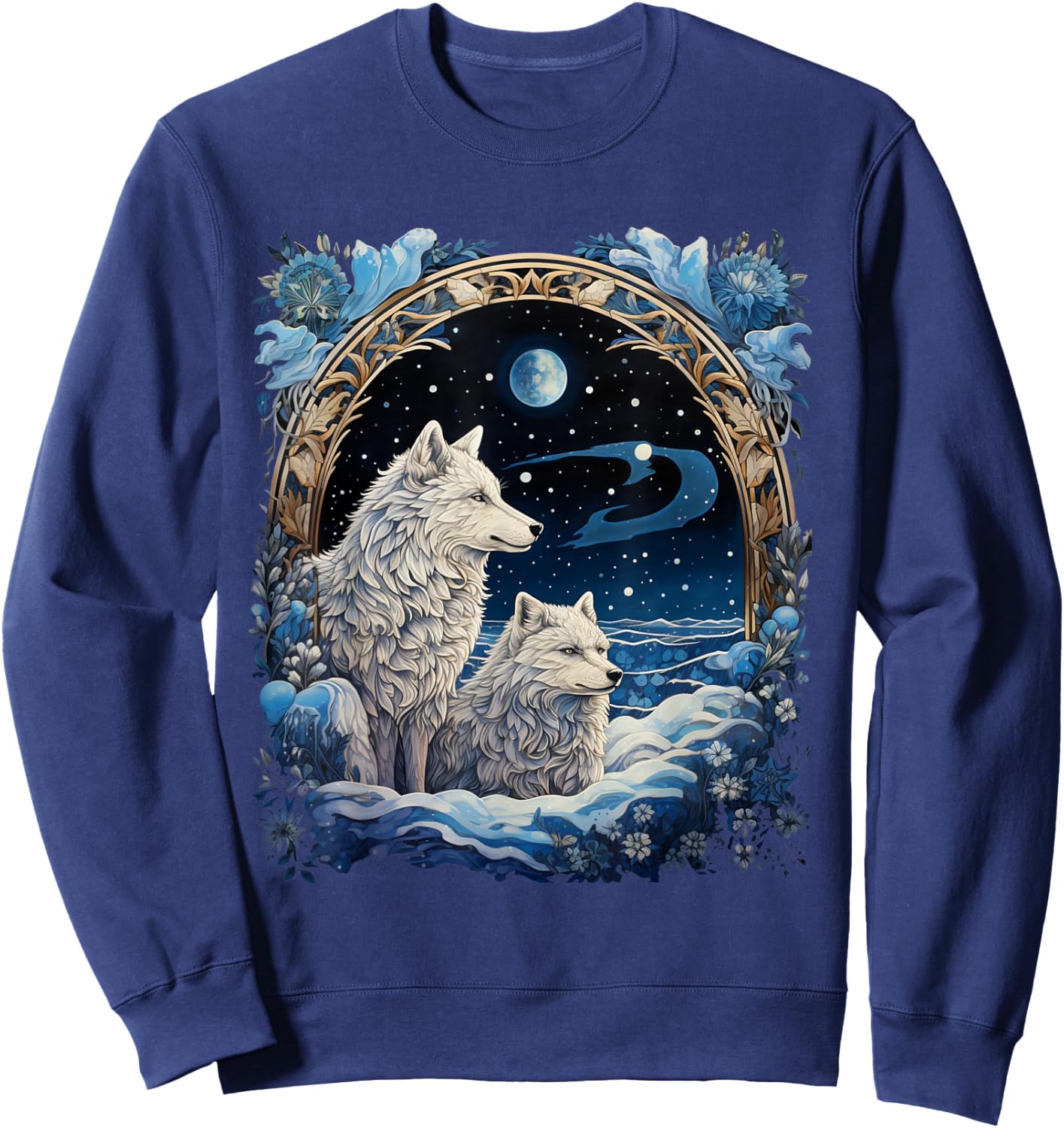 Winter Wolves Peaceful Snowscape Portrait Art Noveau Sweatshirt - Sweatshirt | Navy