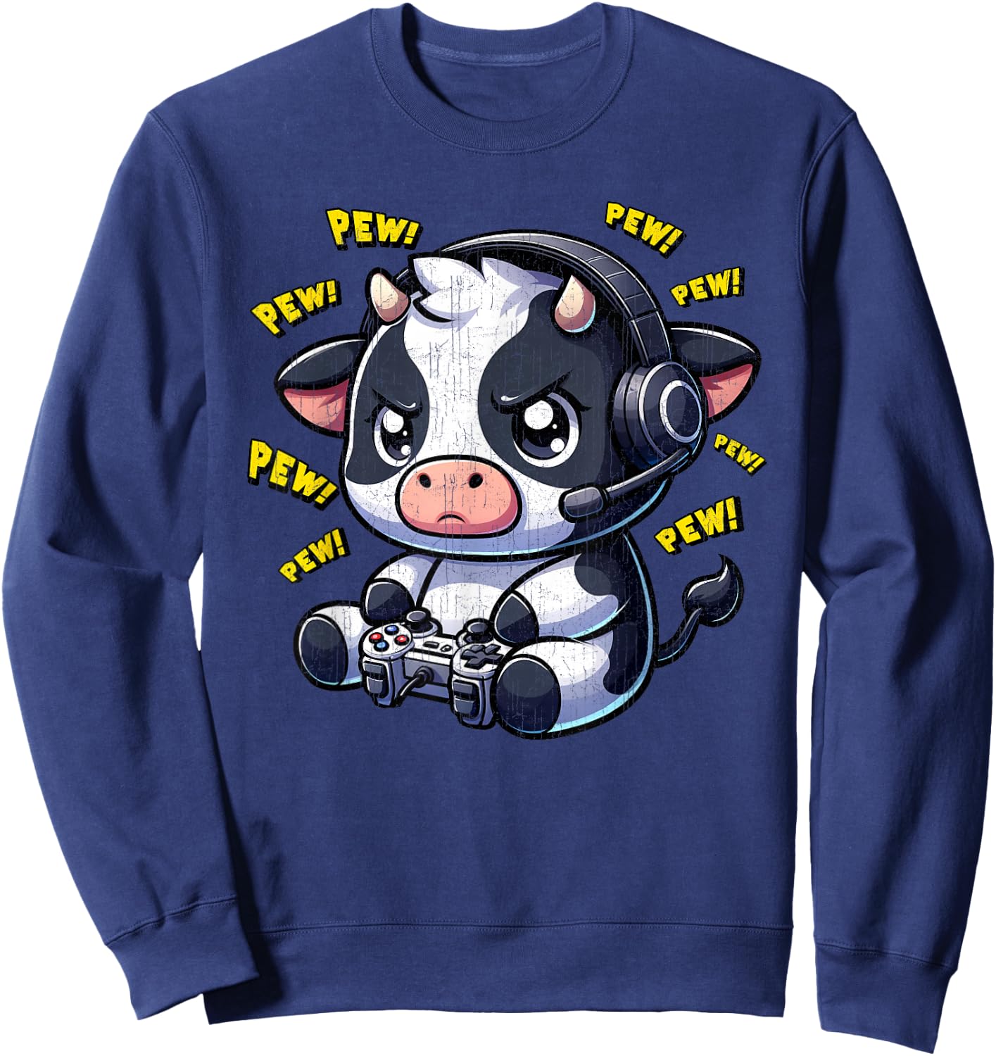 Cow Gamer Pew Funny Video Games Vintage Boys Men Girls Sweatshirt - Sweatshirt | Navy
