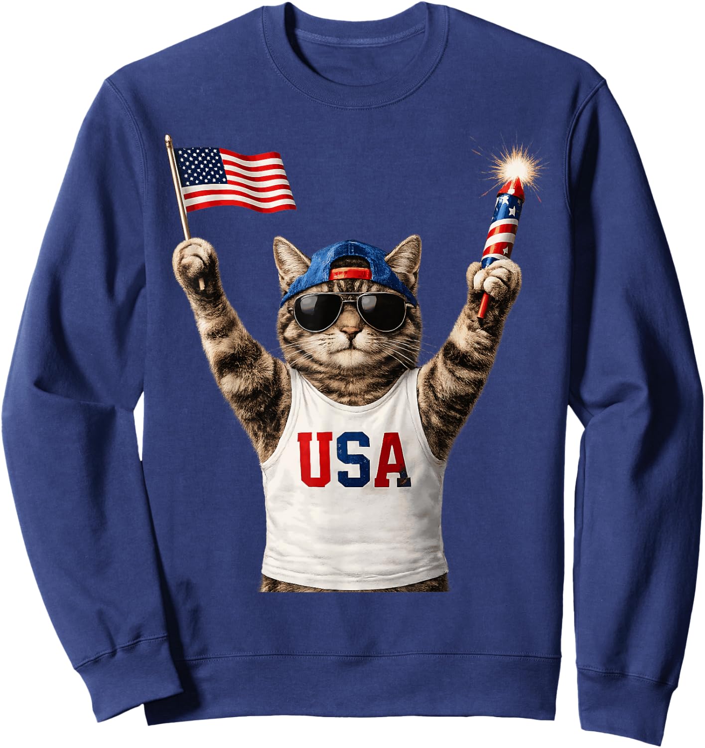 Funny Patriotic Cat USA Flag Fireworks America 250 Sweatshirt - Sweatshirt | Navy