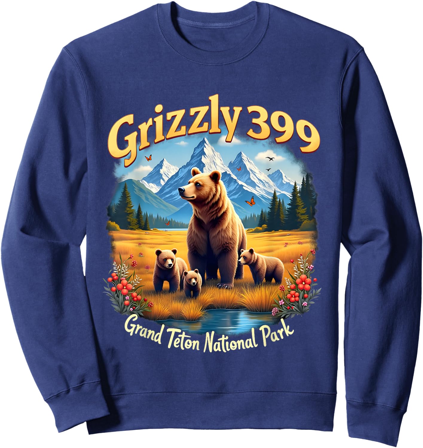 Retro Bear Grizzly 399 Wild & Free Grand Teton National Park Sweatshirt - Sweatshirt | Navy