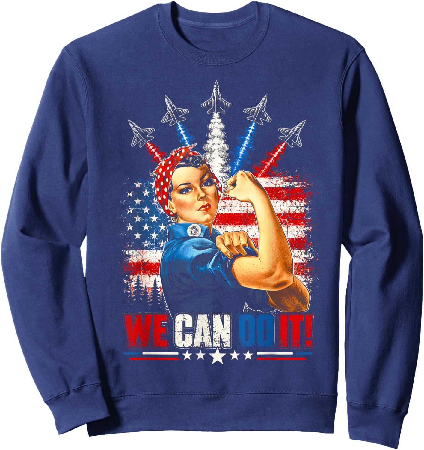Rosie the Riveter American Flag Feminist Patriotic Women Kid Sweatshirt - Sweatshirt | Navy
