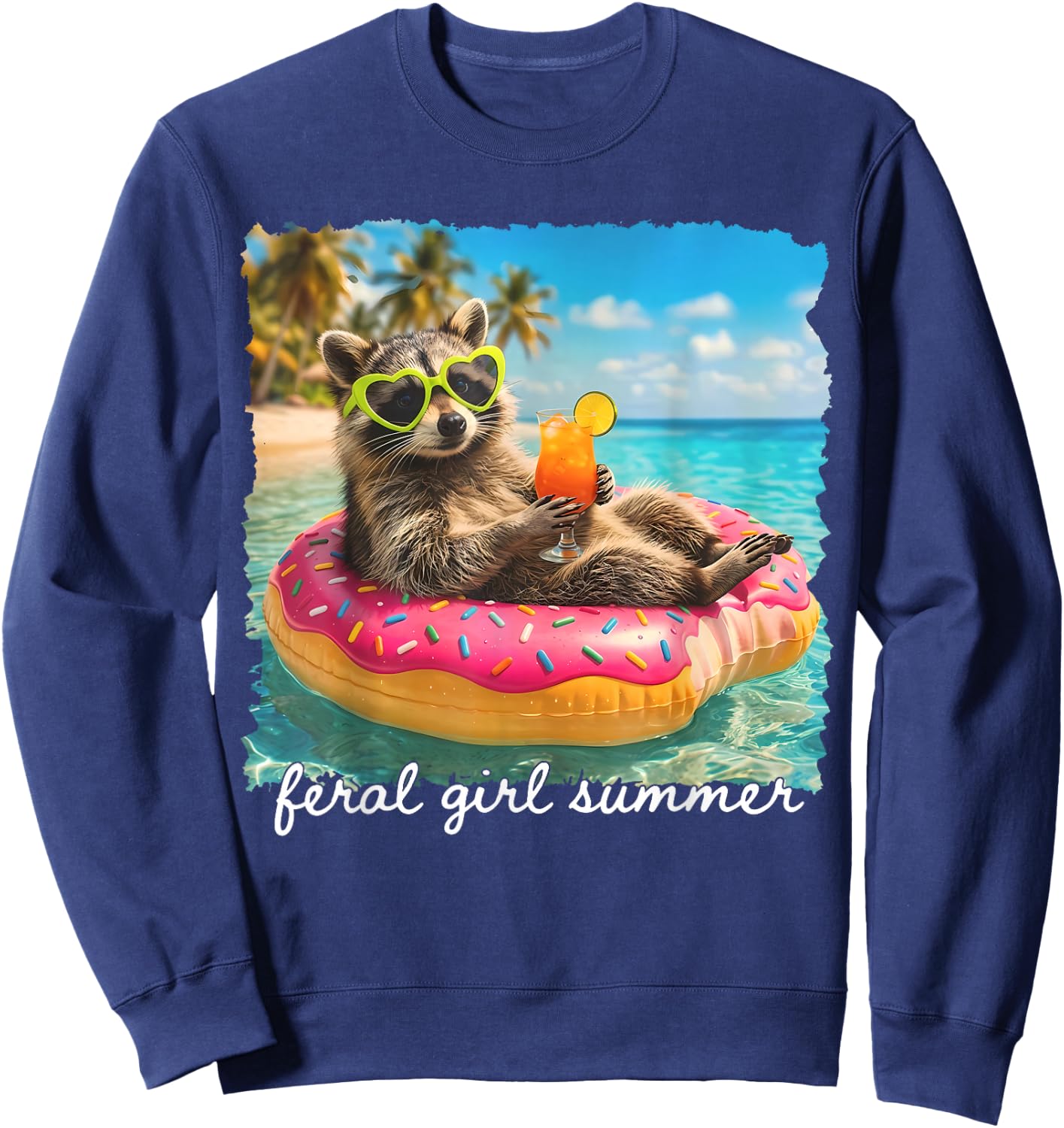 Funny Raccoon Feral Girl Summer Tropical Beach Vacation Trip Sweatshirt - Sweatshirt | Navy