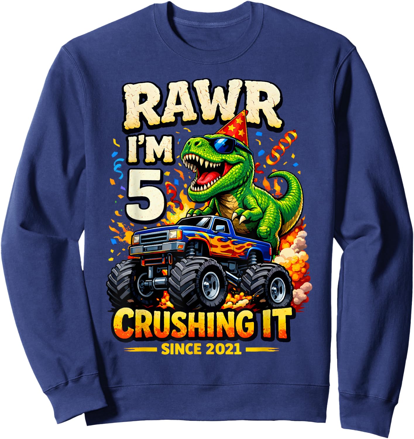 5th Birthday Monster Truck Dinosaur 5 Years Old Birthday Boy Sweatshirt - Sweatshirt | Navy