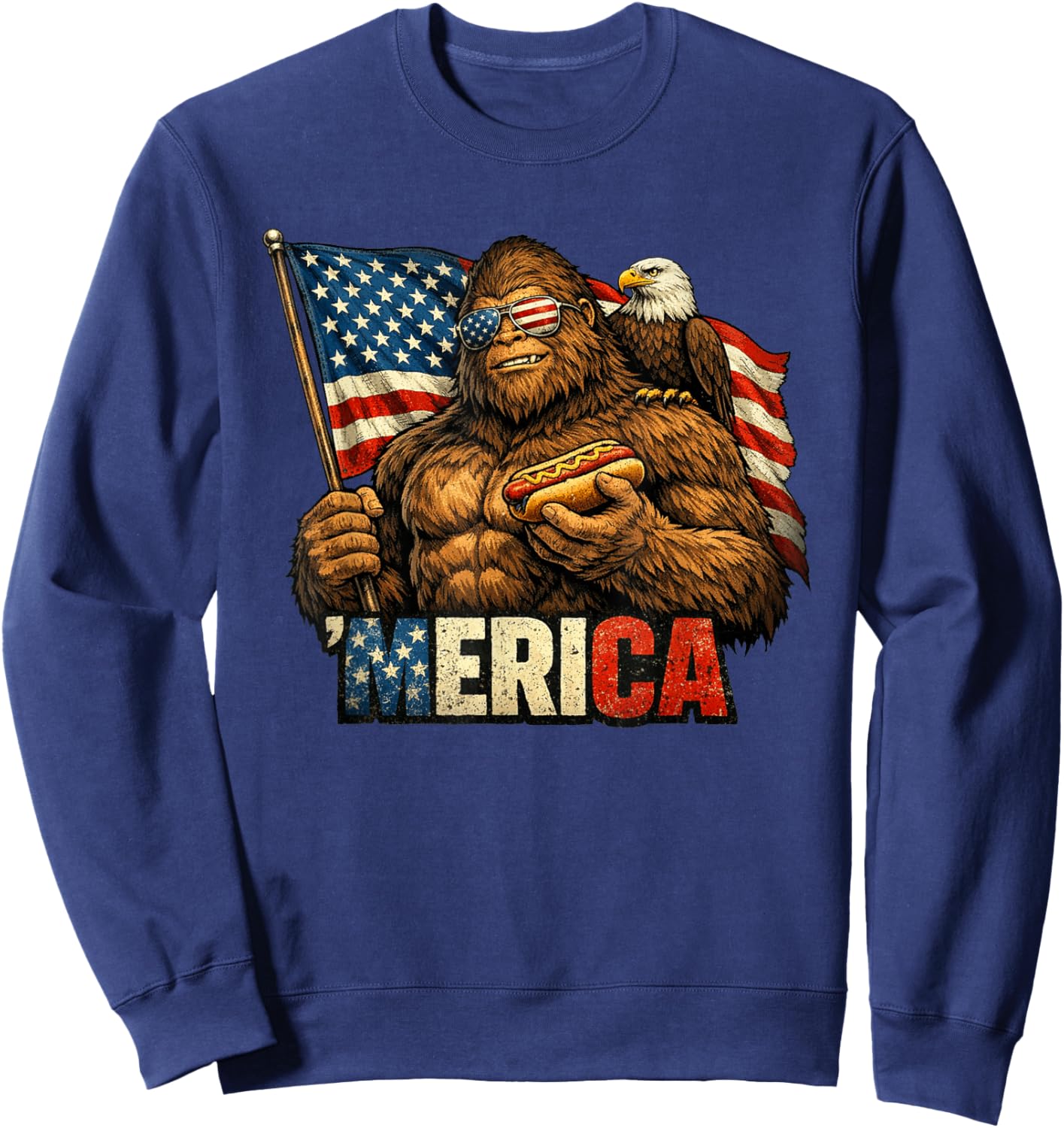 Funny Bigfoot Patriotic 4th of July American Flag Sweatshirt - Sweatshirt | Navy