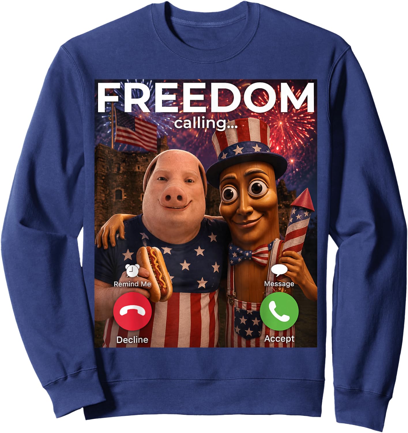 John Pork Tung Sahur Freedom Calling Meme Fireworks July 4th Sweatshirt - Sweatshirt | Navy