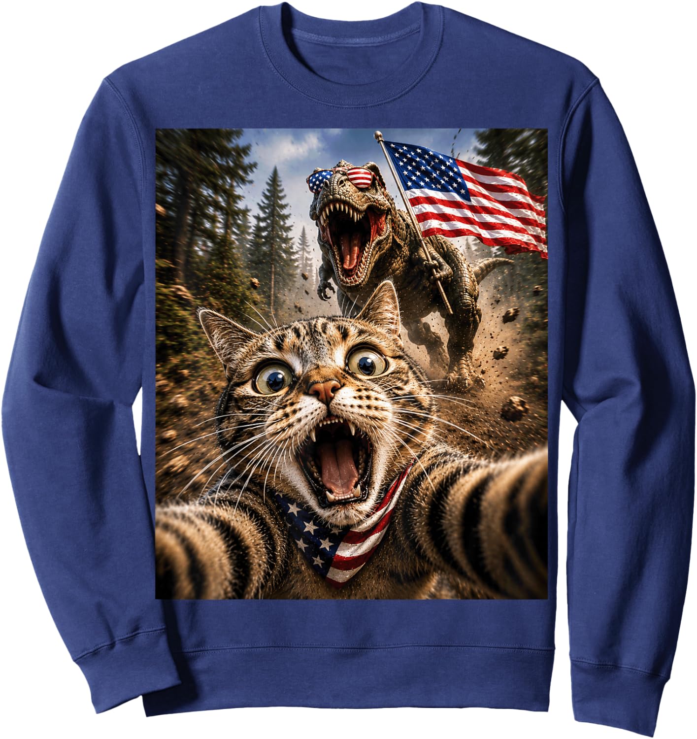 Patriotic TRex Cat Dinosaur Fourth of July Funny 4th of July Sweatshirt - Sweatshirt | Navy