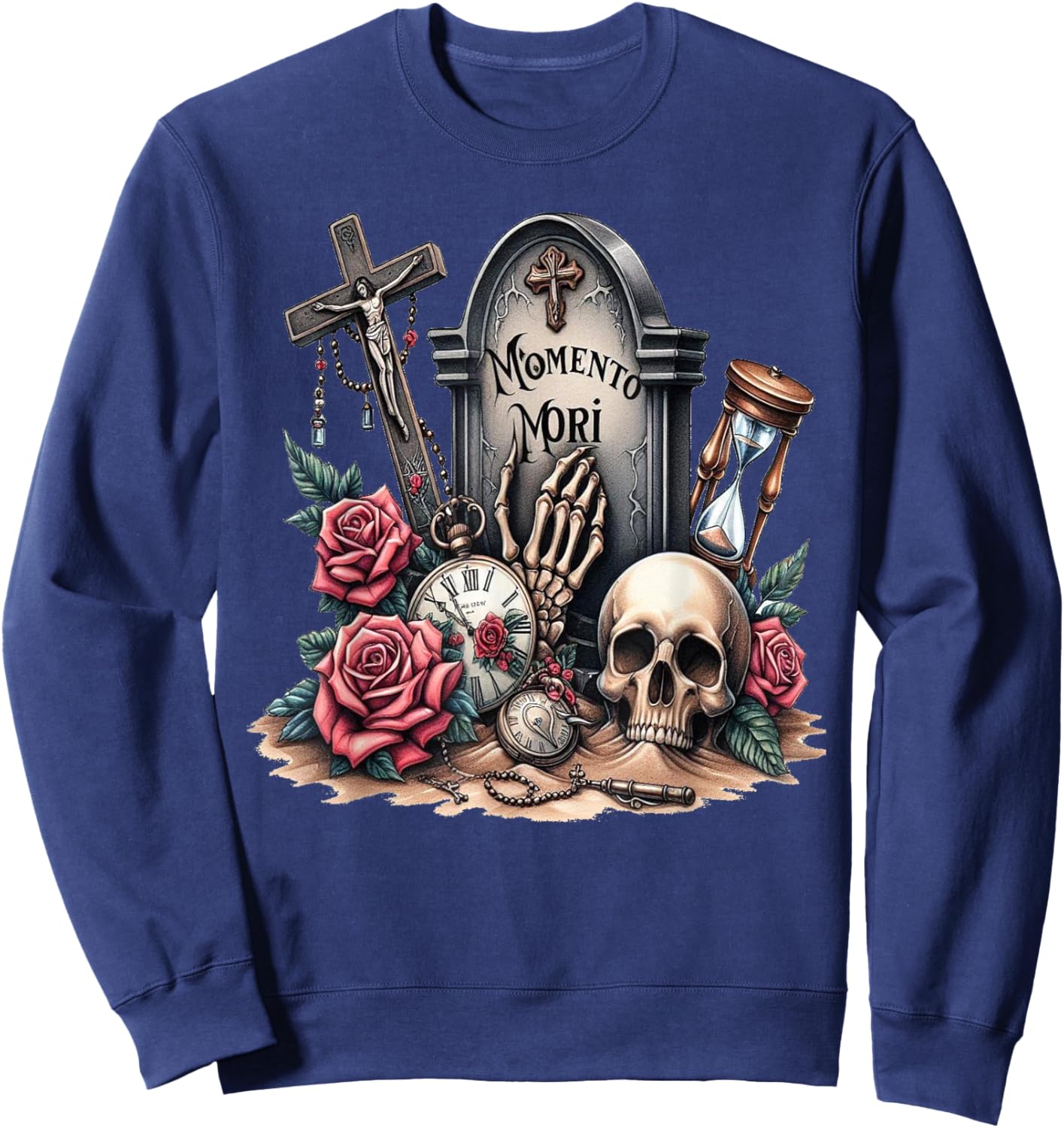 Memento Mori Catholic Crucifix Traditional Latin Mass Skull Sweatshirt - Sweatshirt | Navy