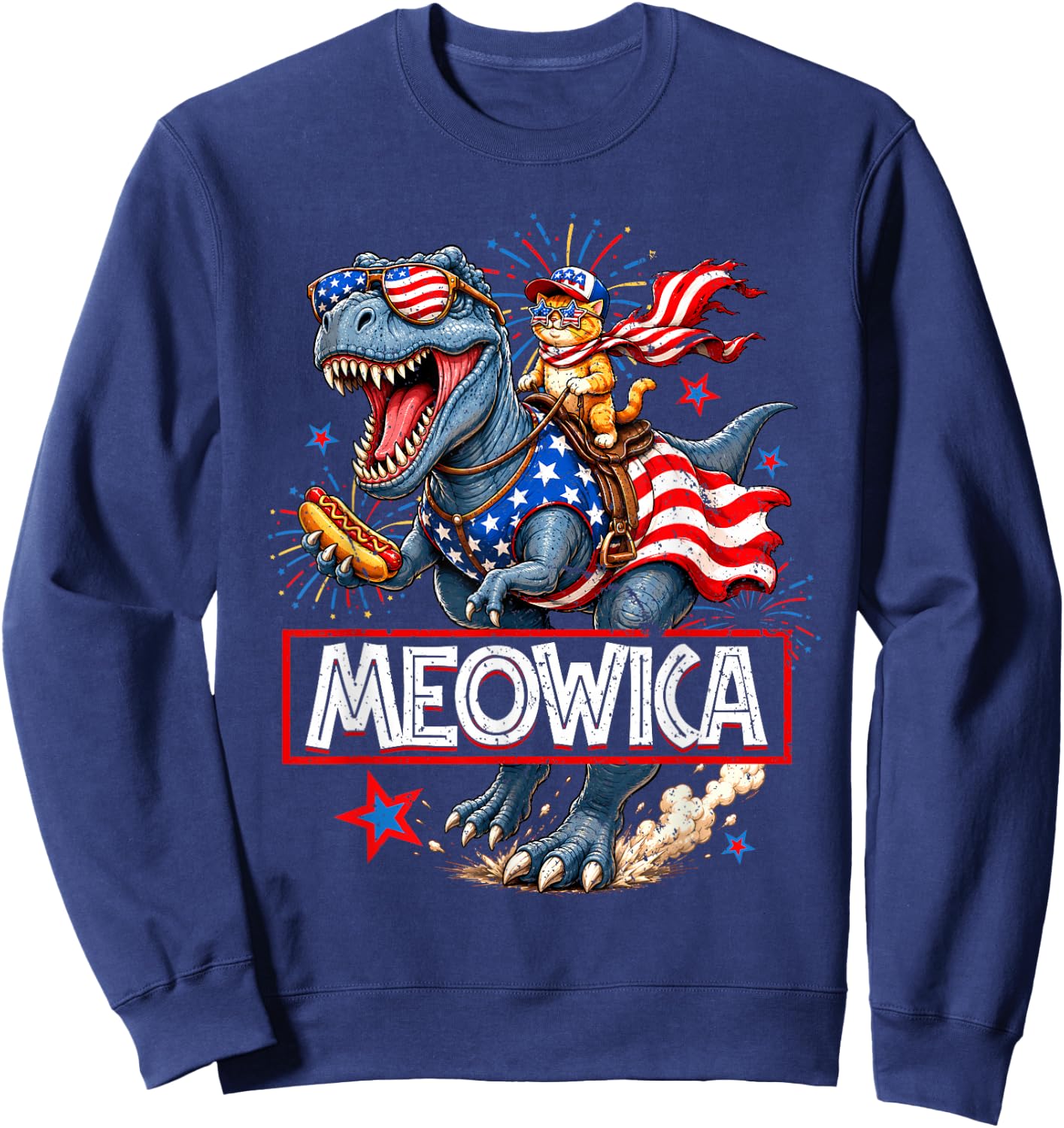 Meowica Cat Dinosaur TRex 4th of July Patriotic Toddler Boys Sweatshirt - Sweatshirt | Navy