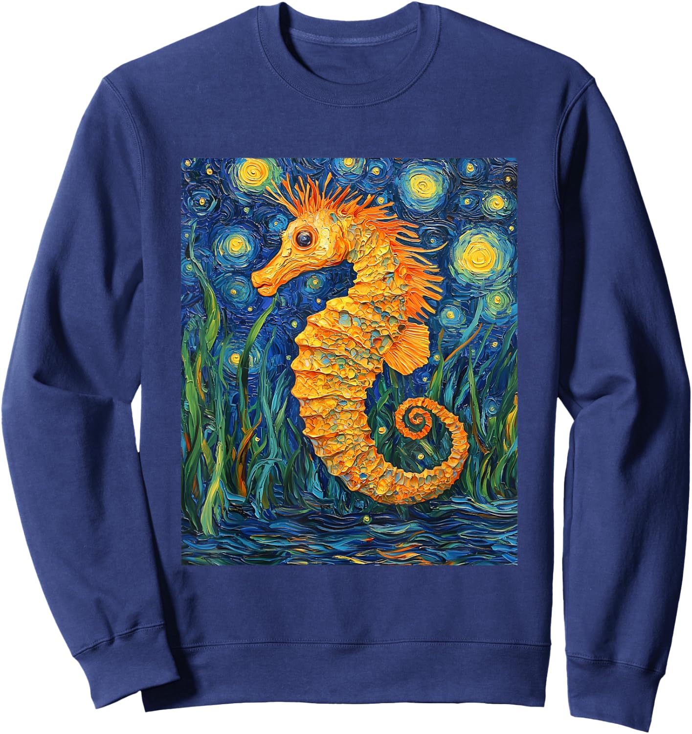 Cute Seahorse - Van Gogh Style - Starry Night Graphic Sweatshirt - Sweatshirt | Navy