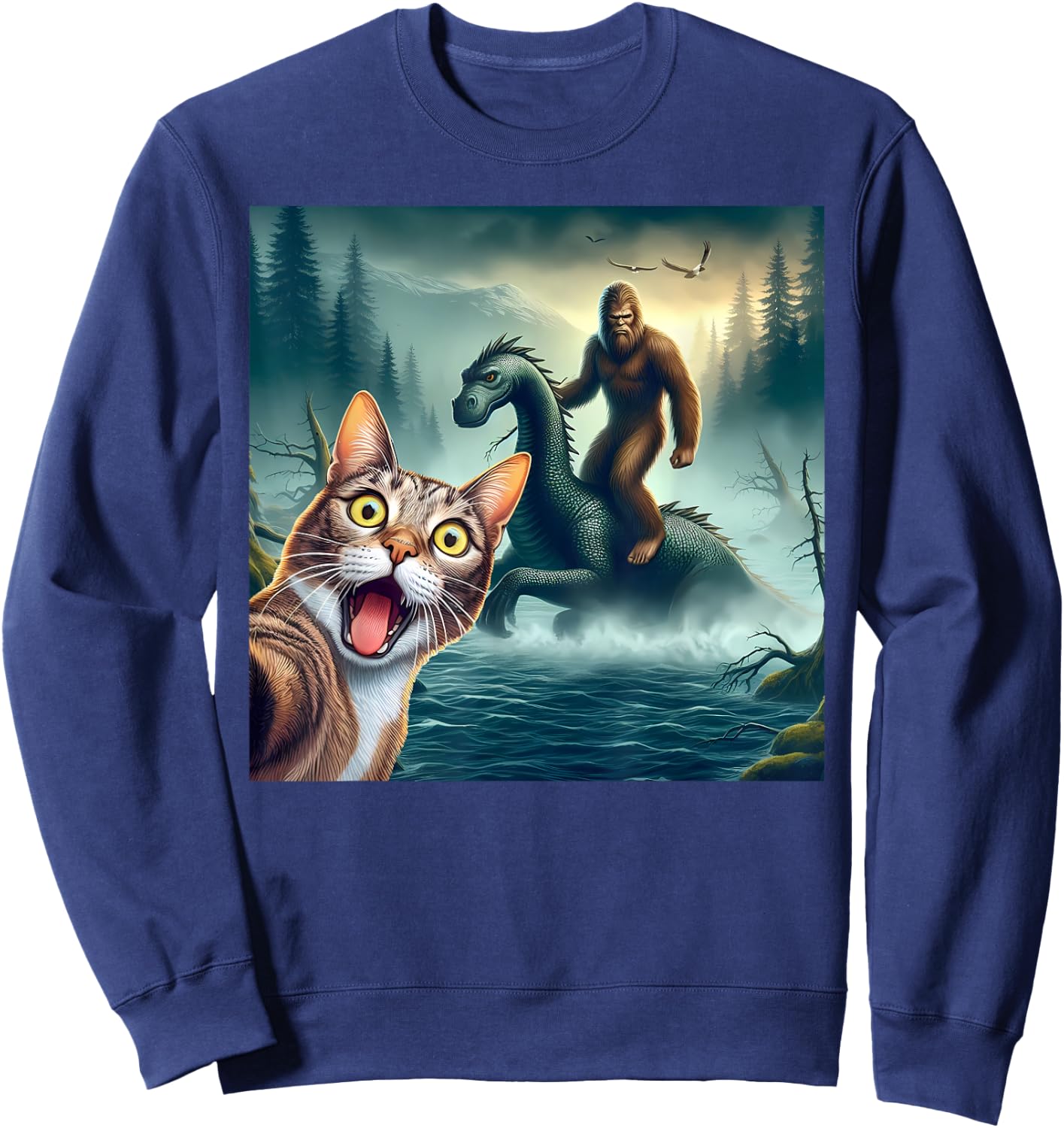 Cat Selfie bigfoot riding loch Ness monster surprised cat Women Kids Sweatshirt - Sweatshirt | Navy