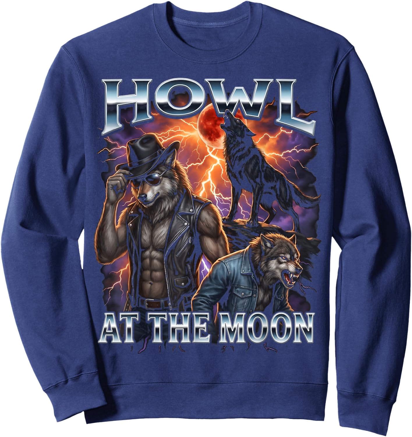 Howl At The Moon Cowboy Biker Werewolf Sweatshirt - Sweatshirt | Navy