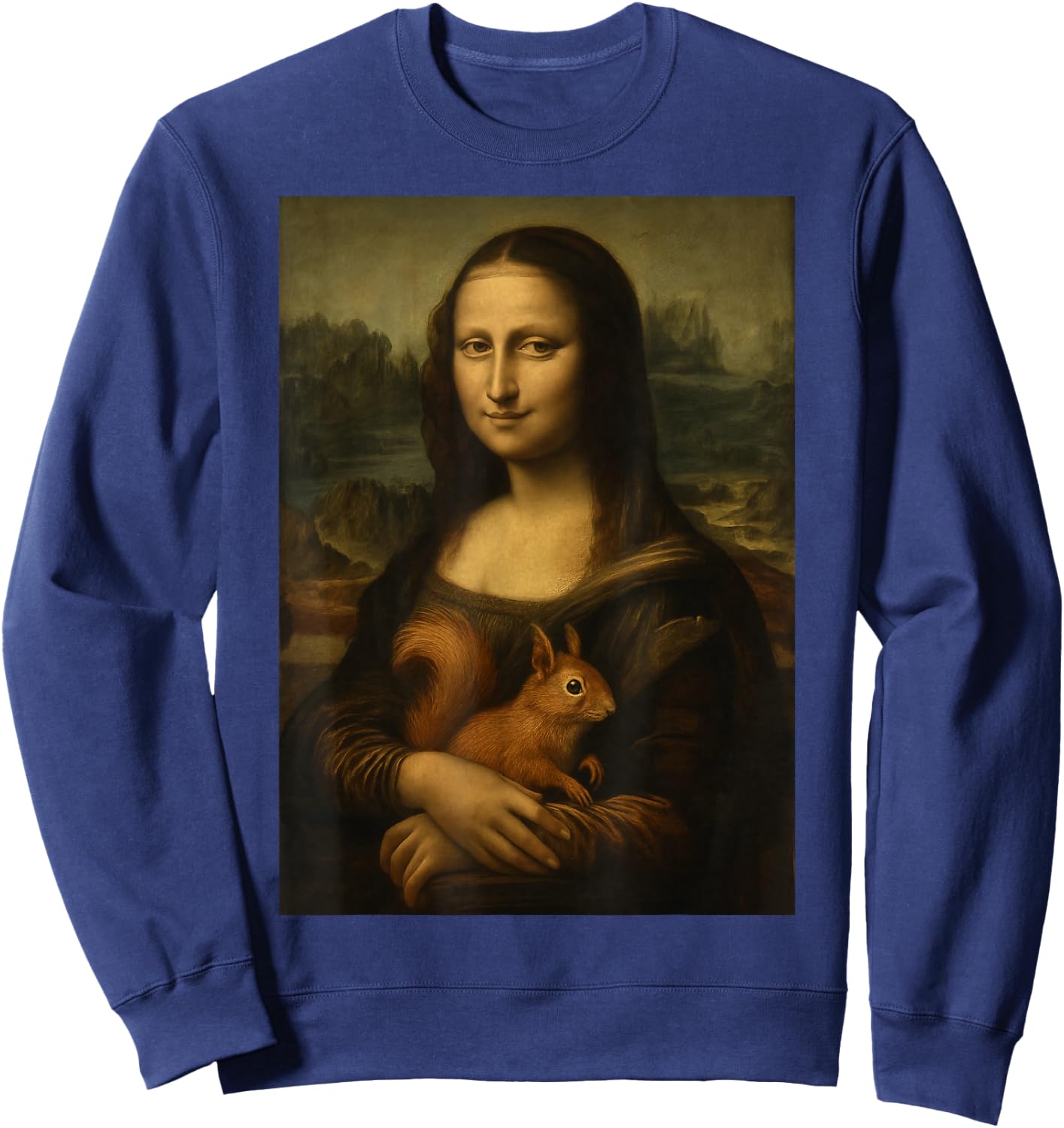 Mona Lisa and Squirrel Art Funny Fine Art Parody Sweatshirt - Sweatshirt | Navy