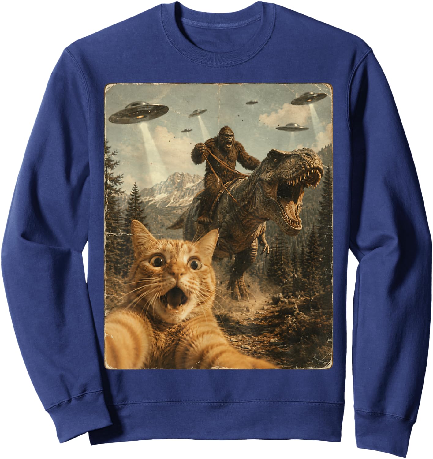 Funny Cat Selfie UFO Alien Chase Bigfoot Riding T-Rex Kid Sweatshirt - Sweatshirt | Navy