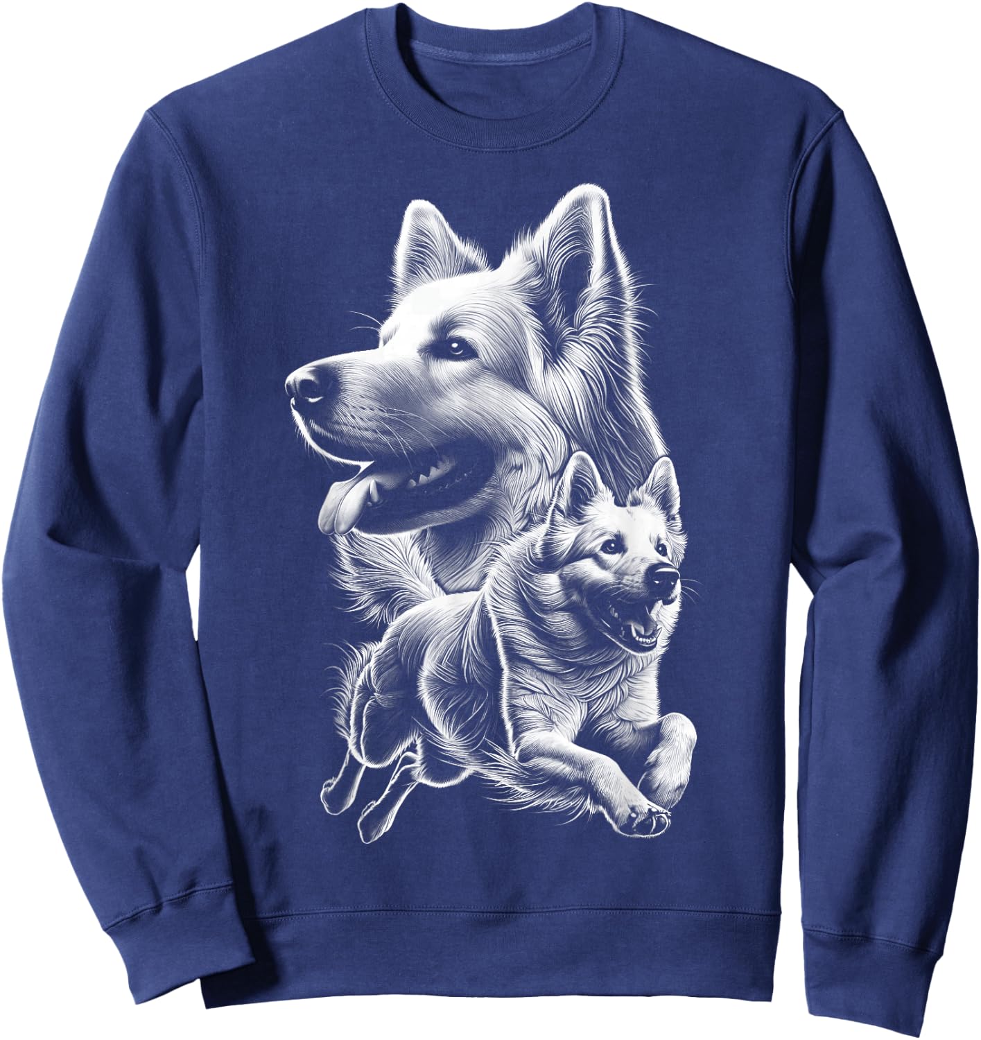 Cheerful White Shepherd Dog Fine Drawn Picture , black Sweatshirt - Sweatshirt | Navy