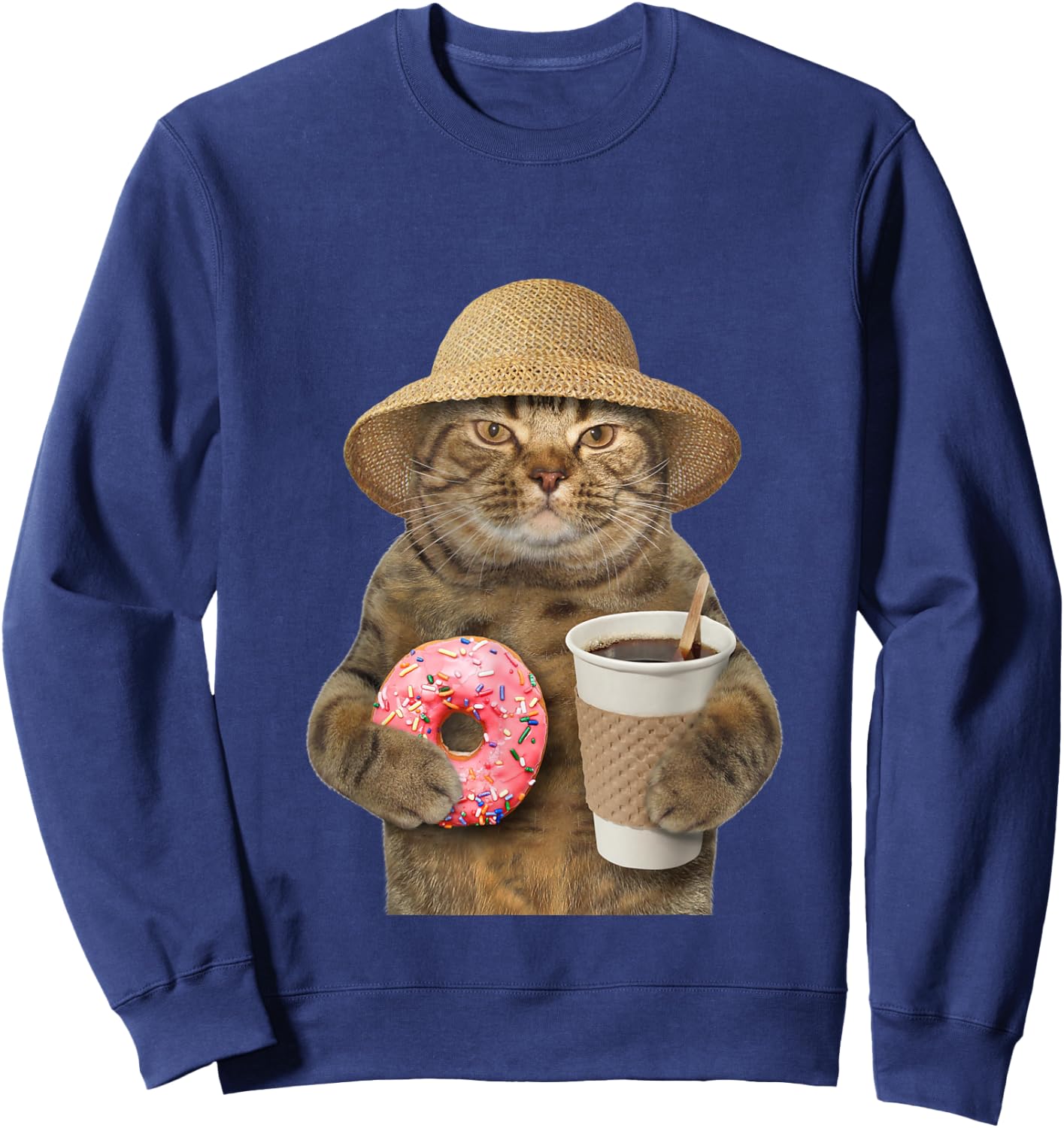 Funny brown Cat with coffee and donut Sweatshirt - Sweatshirt | Navy