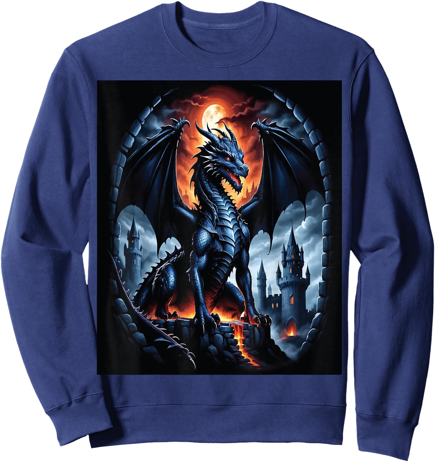 Drache Vollmond Schloss Feuer Fantasy Kunst Sweatshirt - Sweatshirt | Navy